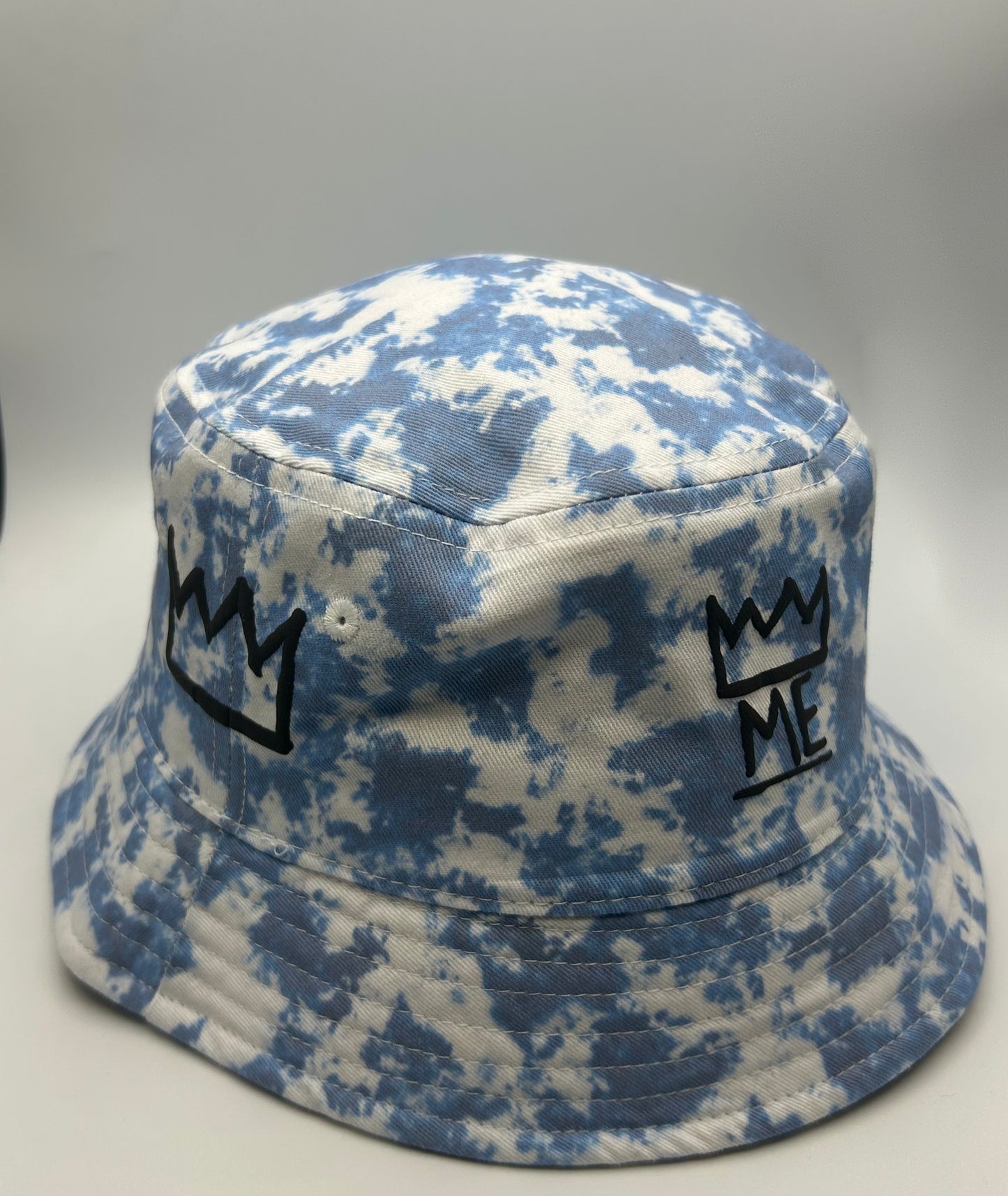 Baby Blue and White Cloud Bucket Hat with Black Krown