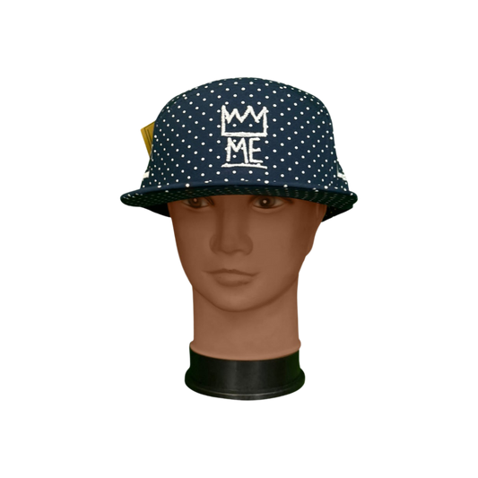 Navy Blue With White Polka Dots Flat Brim Hat with White Krown