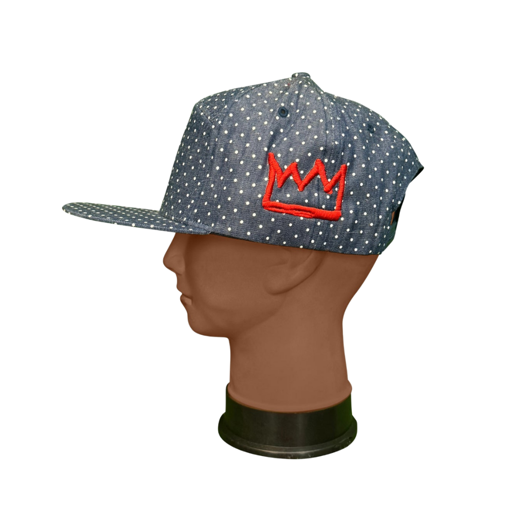 Blue with Red Polka Dot Flat Brim Hat with Red Krown RFM