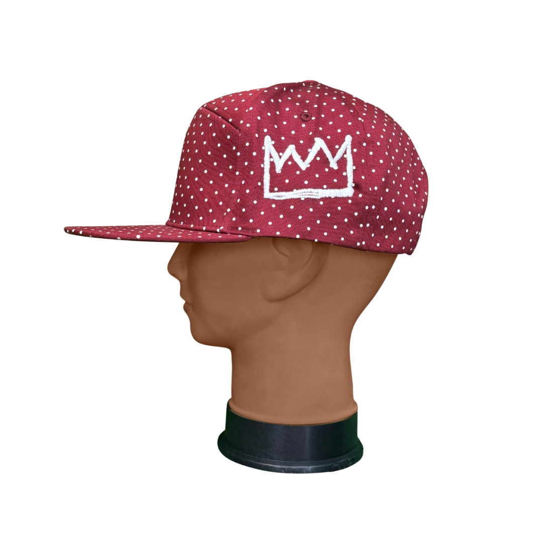Burgundy With White Polka Dots Flat Brim Hat with White Krown