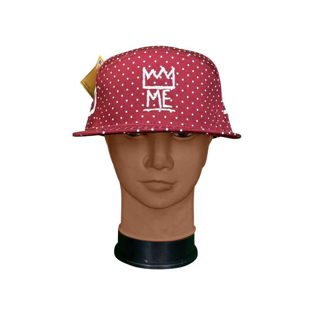 Burgundy With White Polka Dots Flat Brim Hat with White Krown