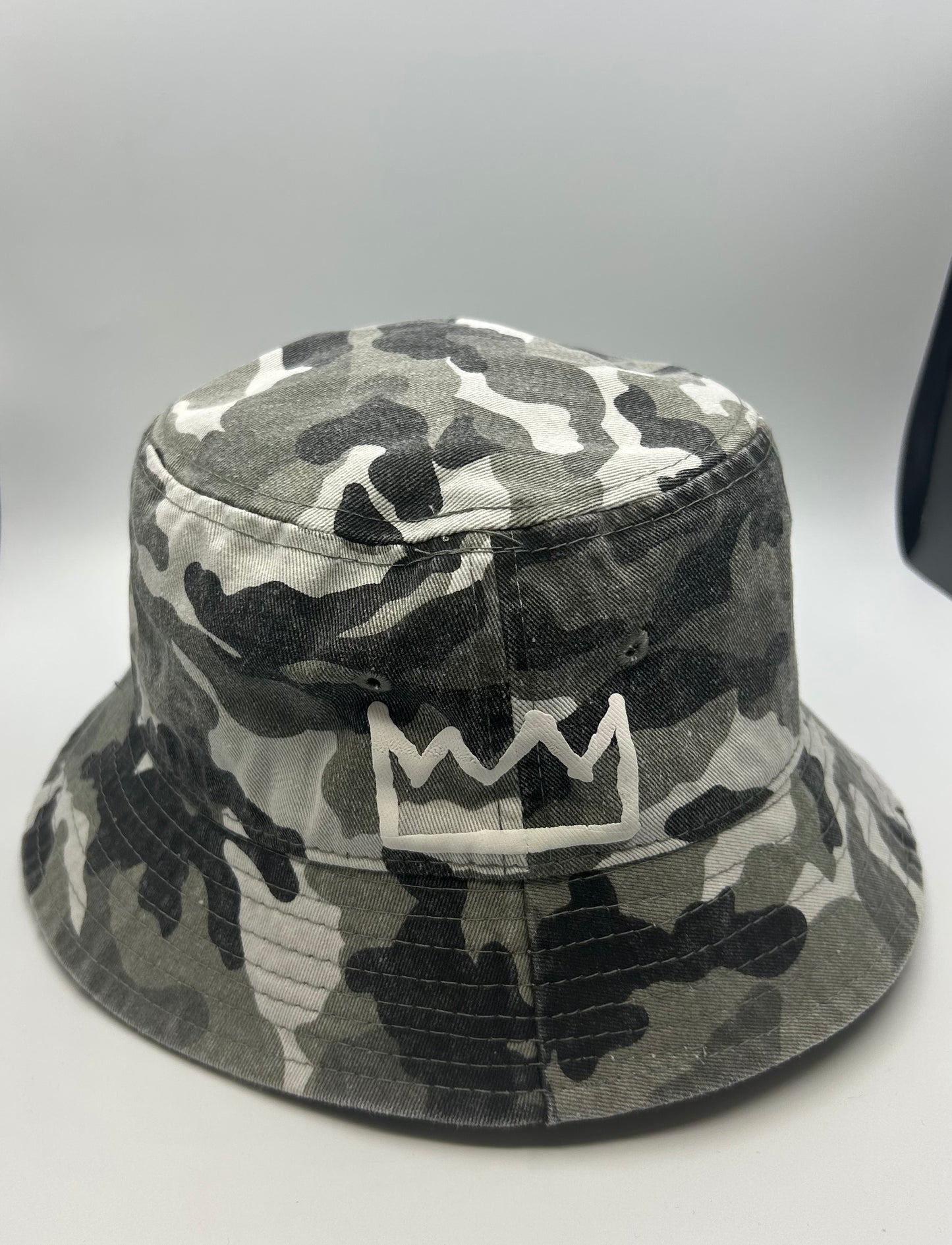 Gray and White Camo Bucket with White Krown