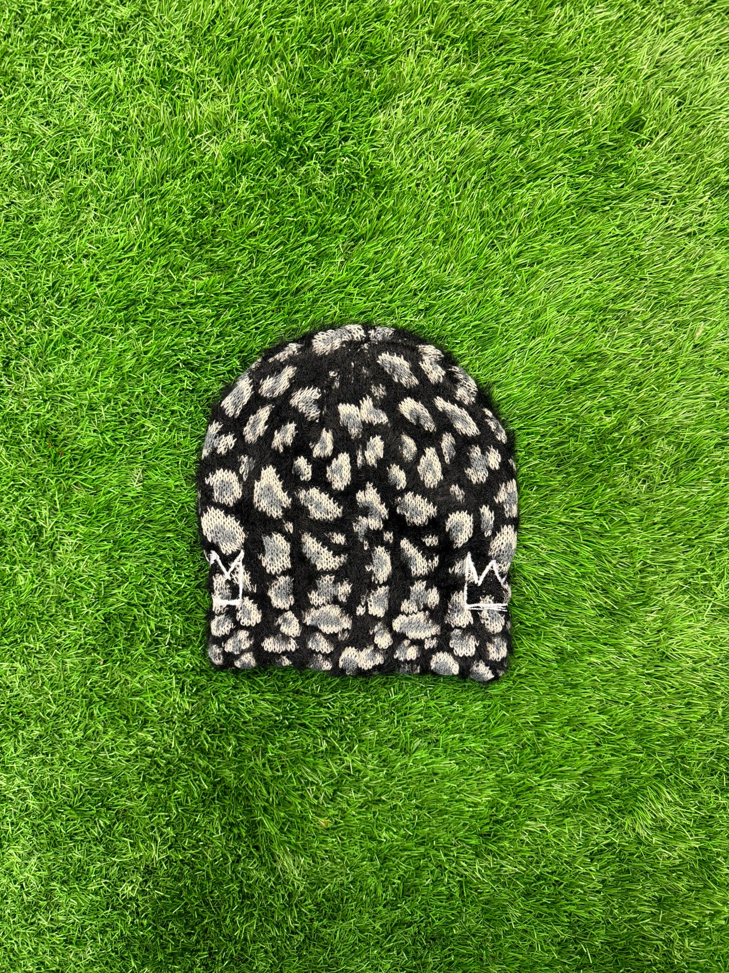 Black & Gray Furry Cheetah Print Beanie with White Krown