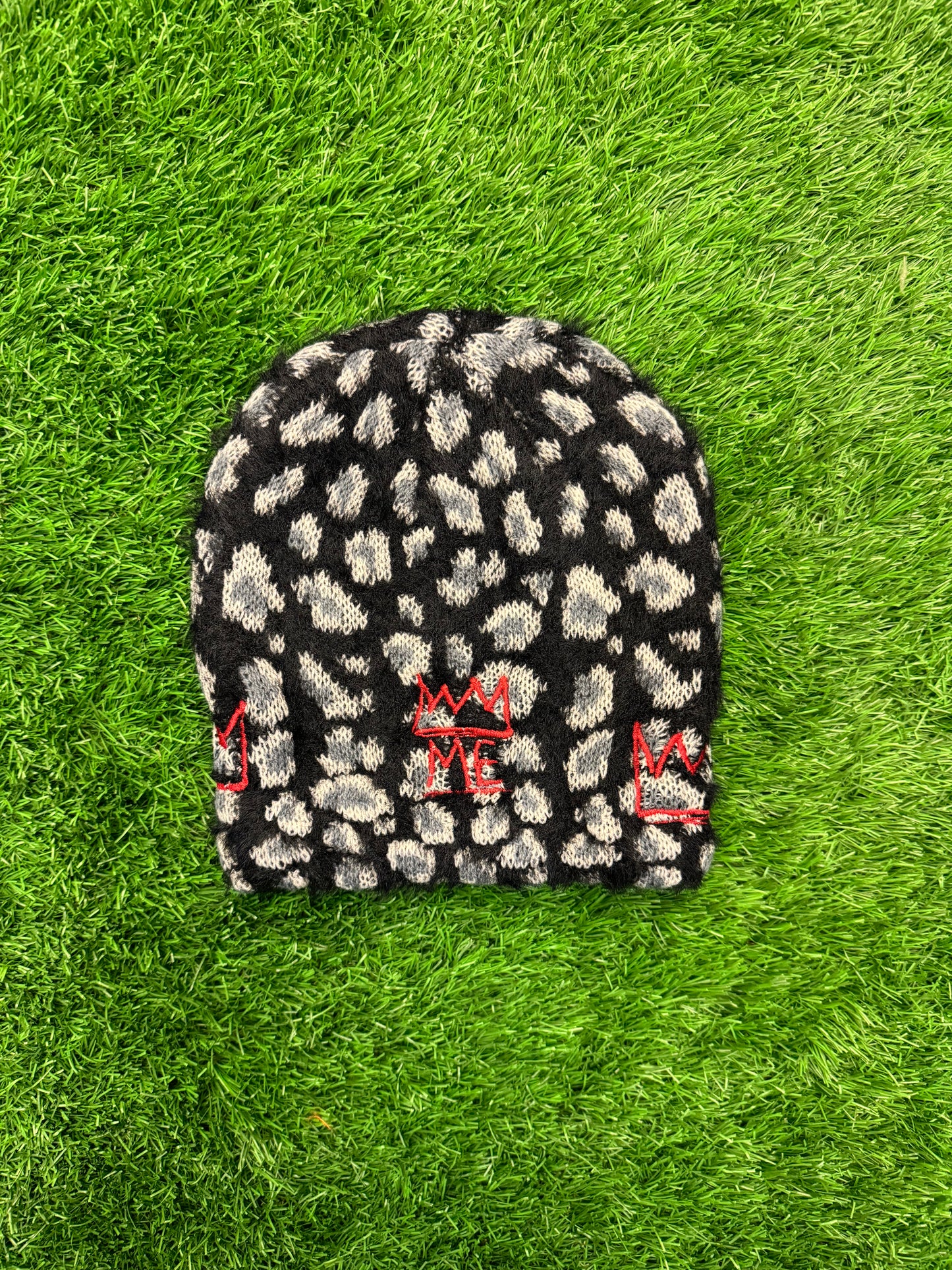 Black & Gray Furry Cheetah Print Beanie with Red Krown