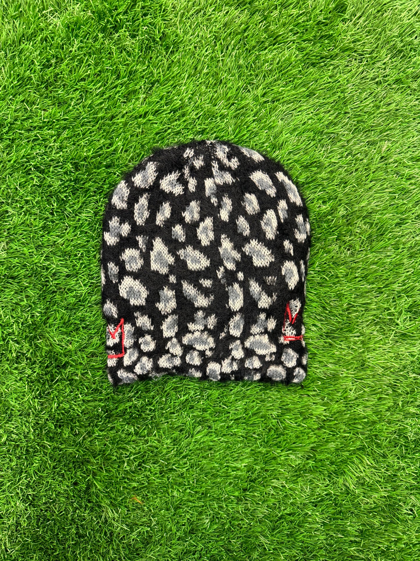 Black & Gray Furry Cheetah Print Beanie with Red Krown