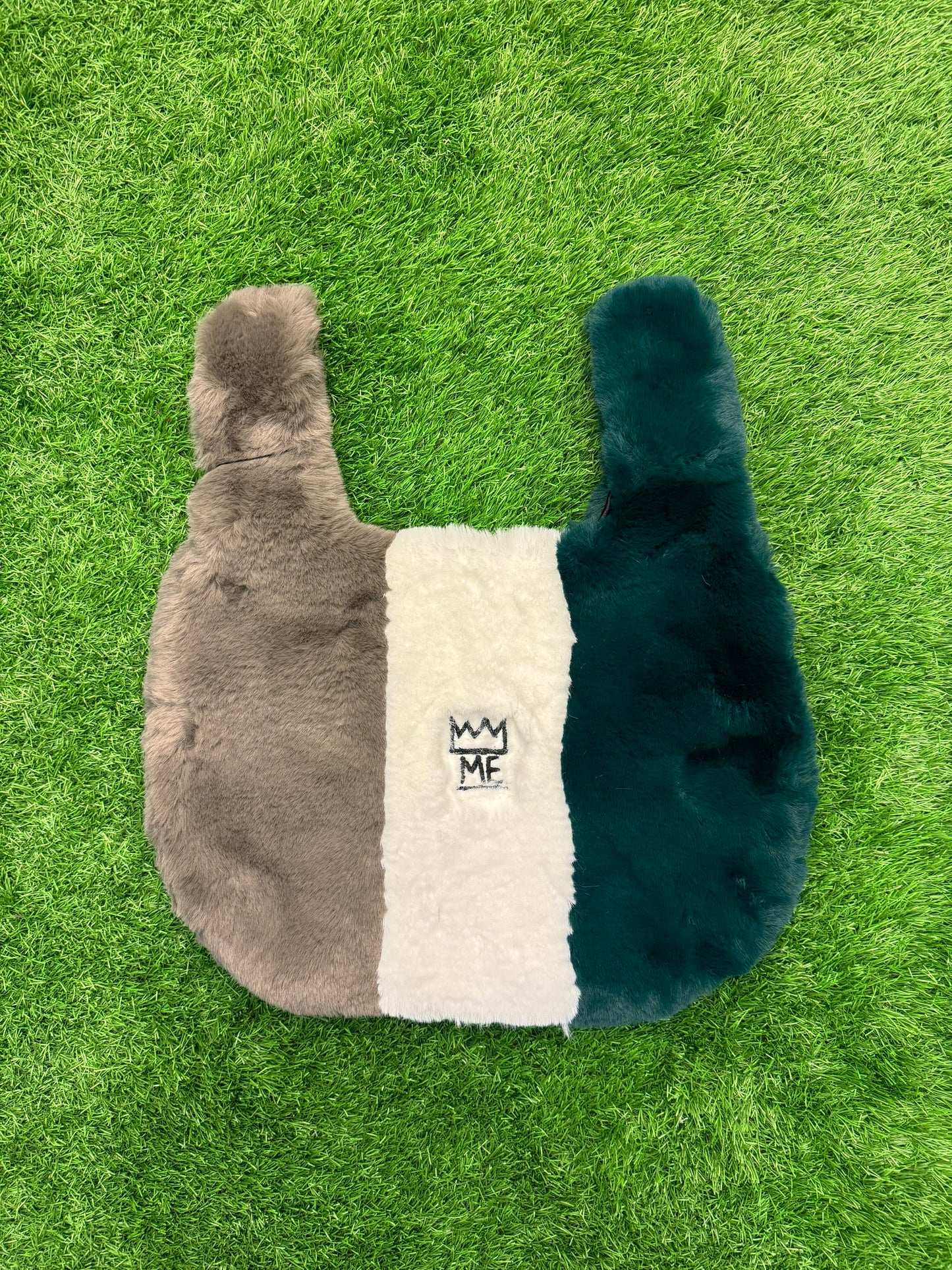 Green, White, & Gray Furry Purse with Black Krown