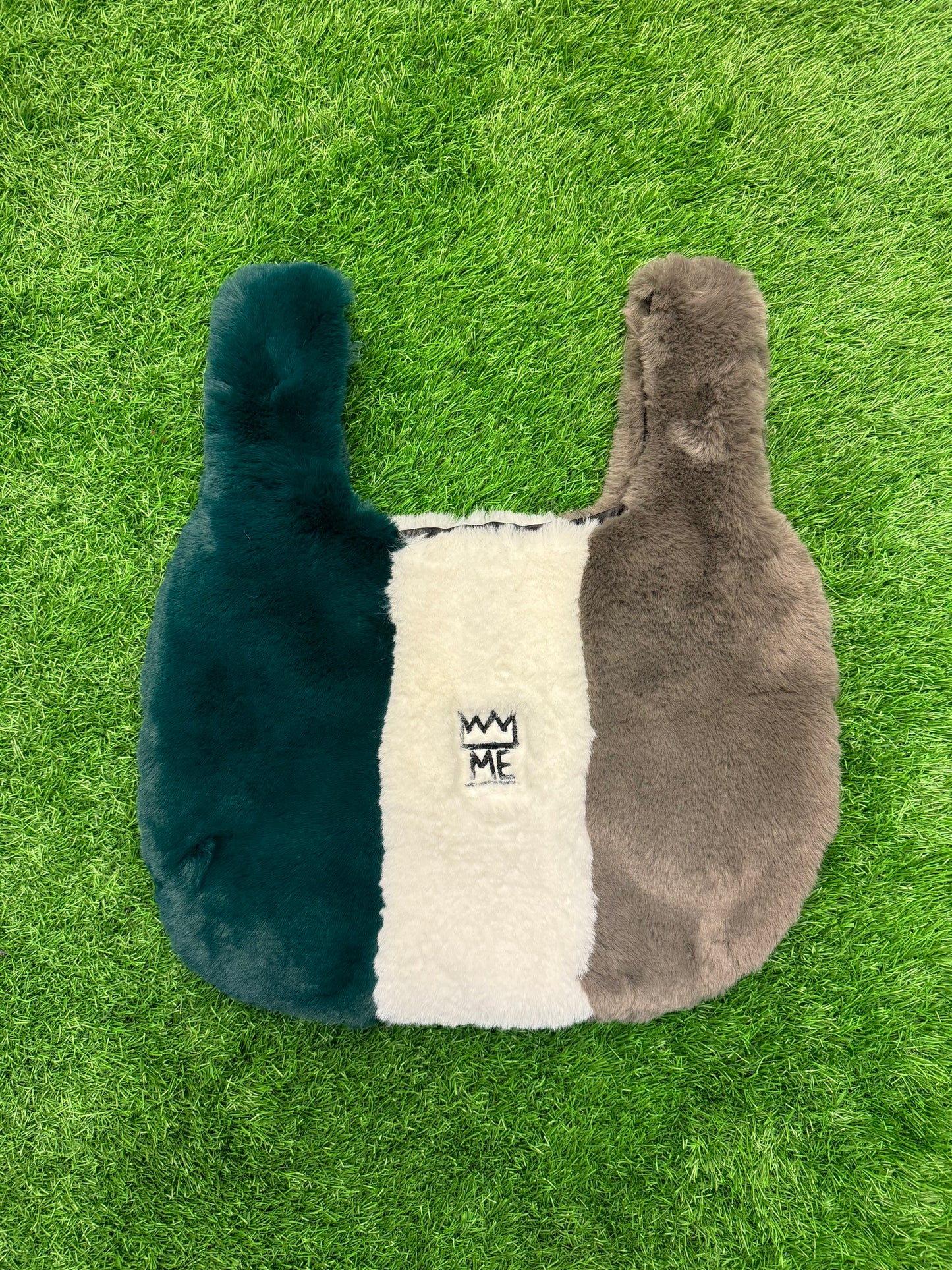 Green, White, & Gray Furry Purse with Black Krown