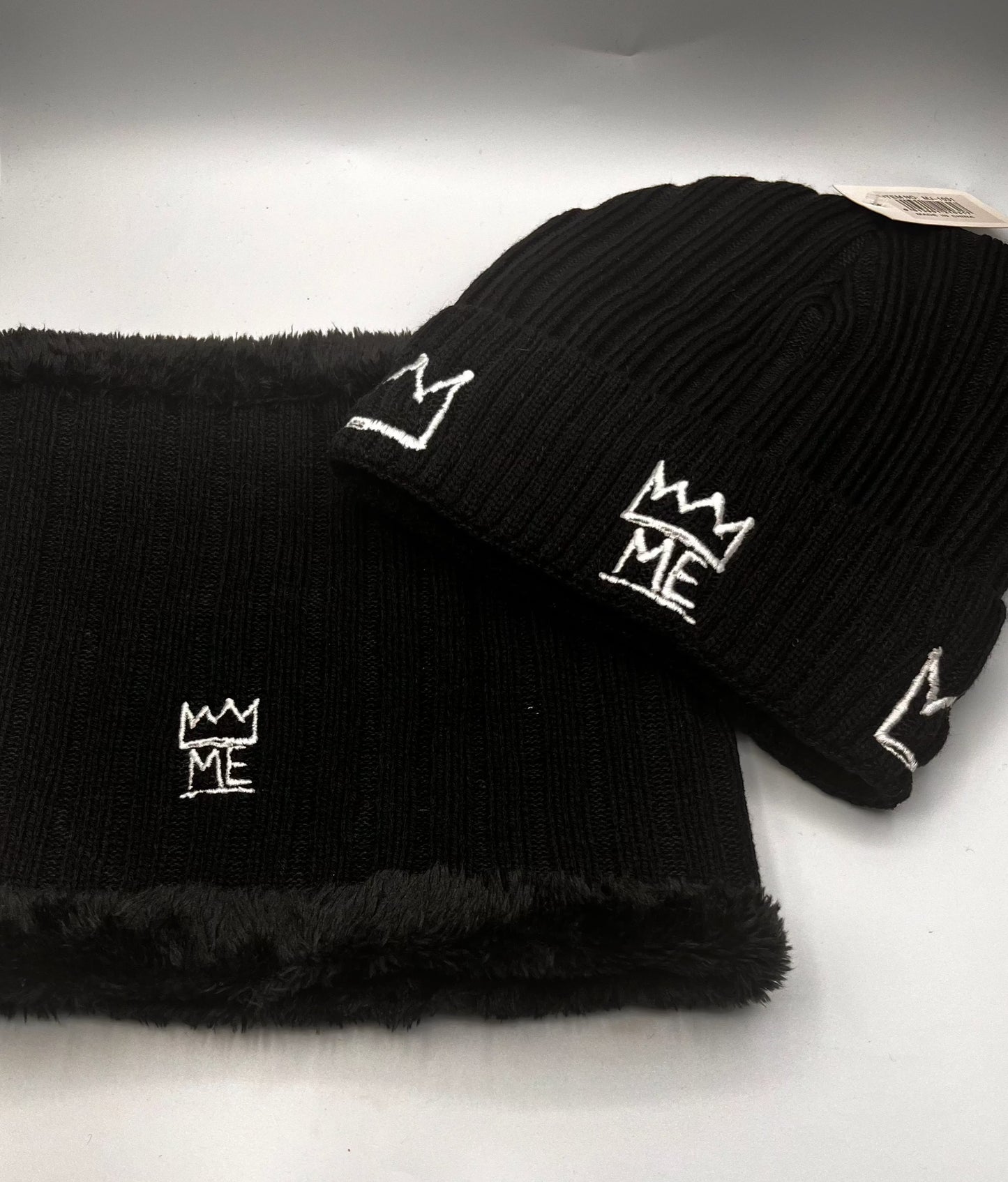 Black Knit Beanie & Neck Warmer/Mask Set with White Krown