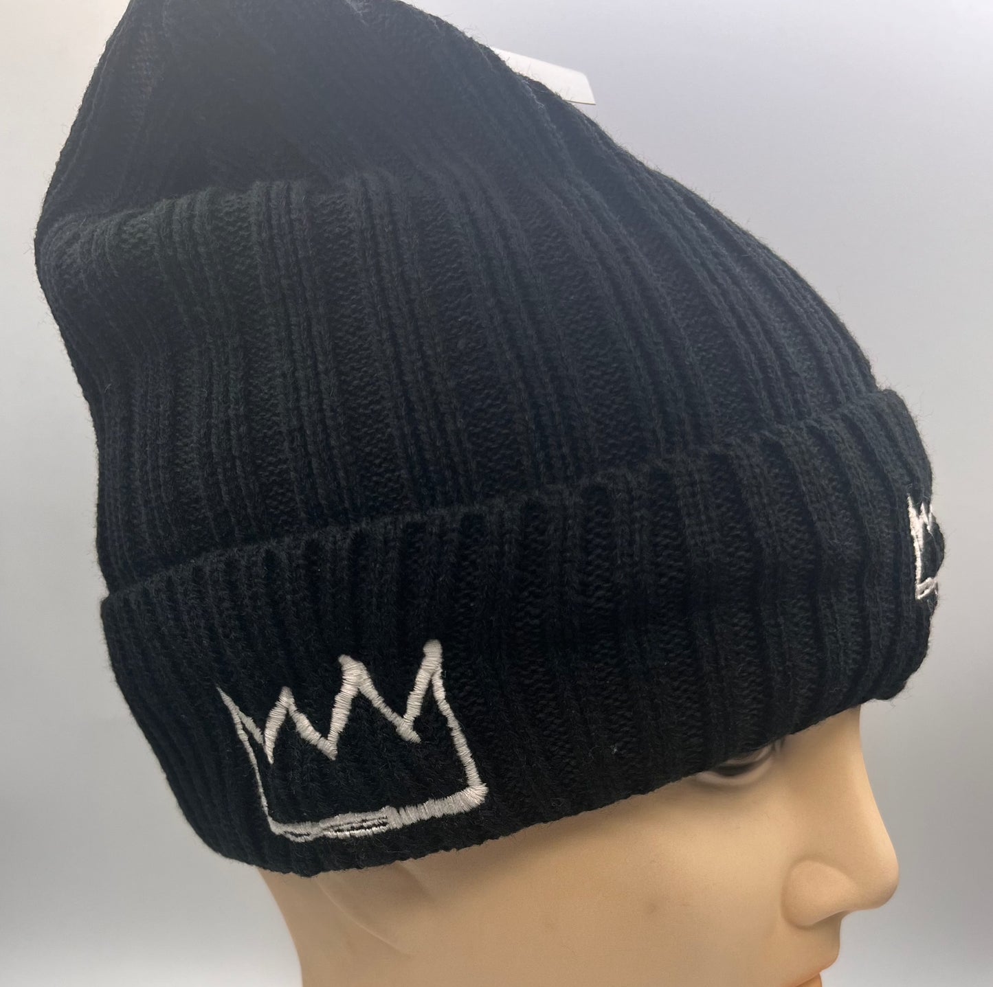 Black Knit Beanie & Neck Warmer/Mask Set with White Krown