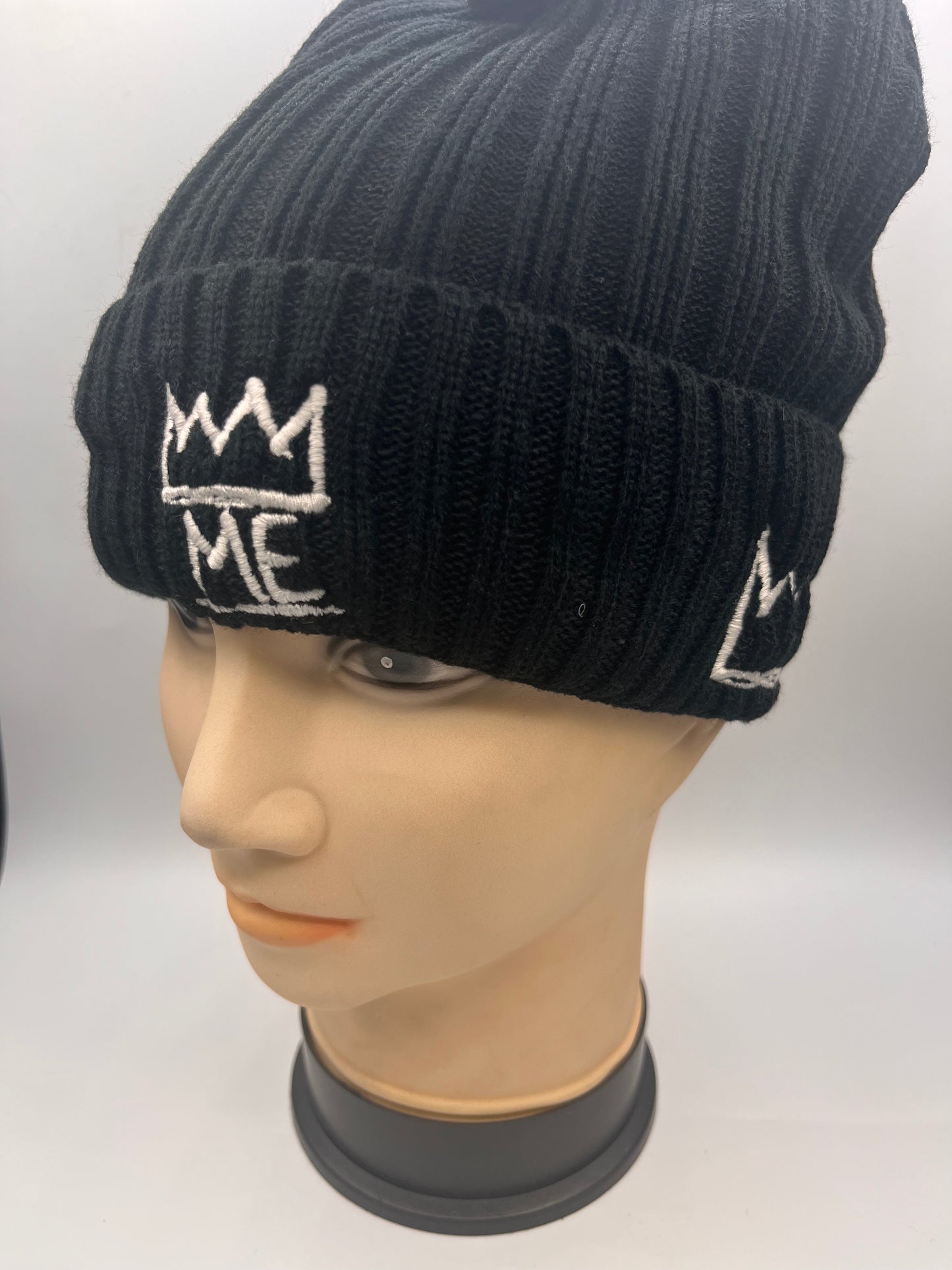 Black Knit Beanie & Neck Warmer/Mask Set with White Krown