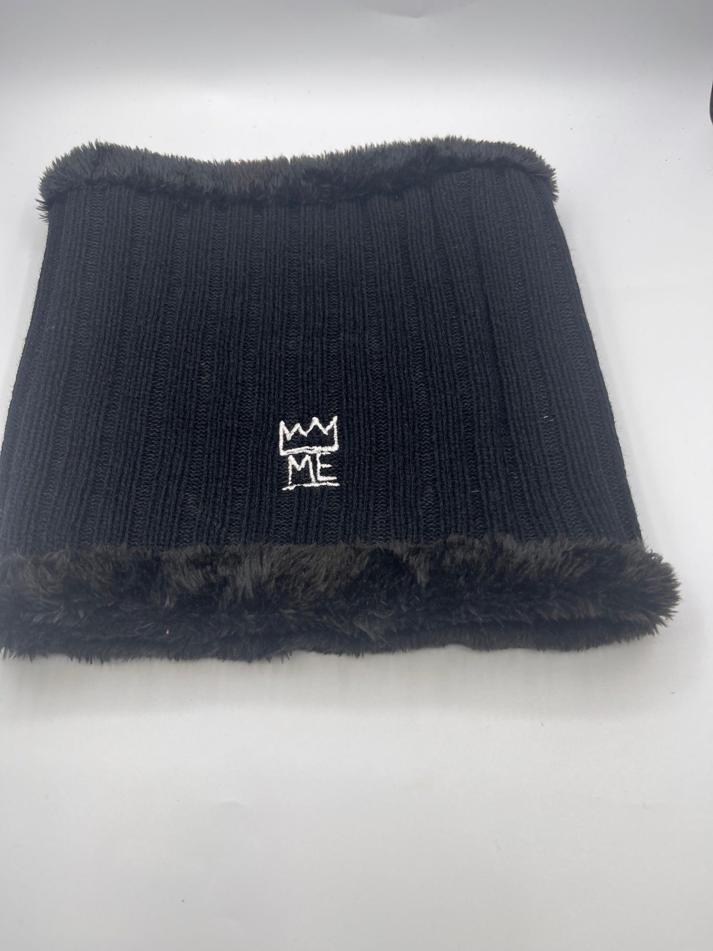 Black Knit Beanie & Neck Warmer/Mask Set with White Krown