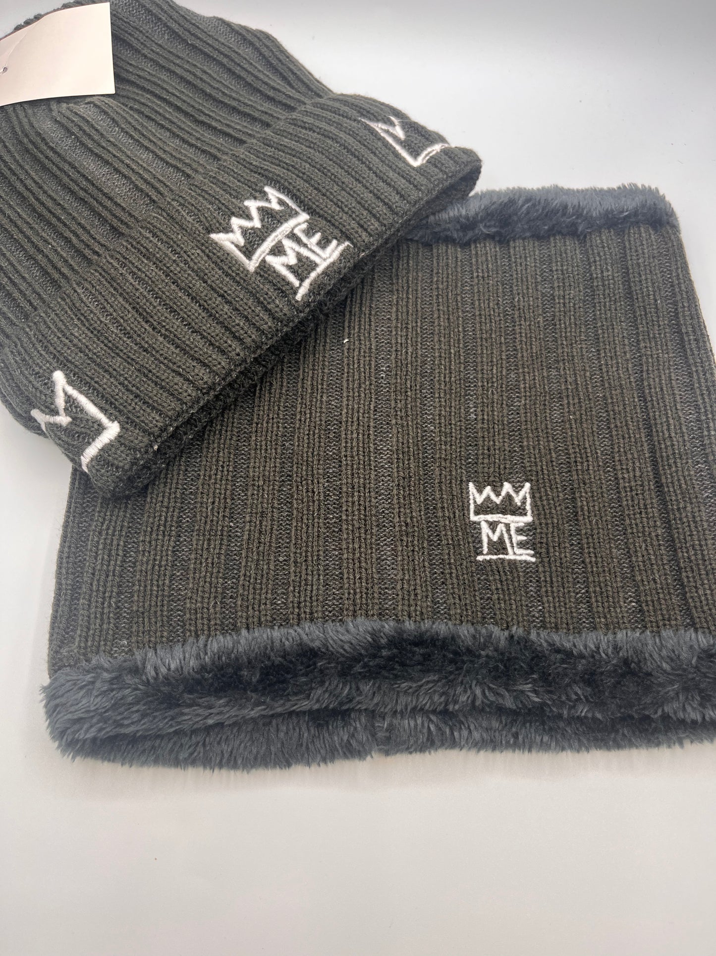 Gray Knit Beanie & Neck Warmer/Mask Set with White Krown