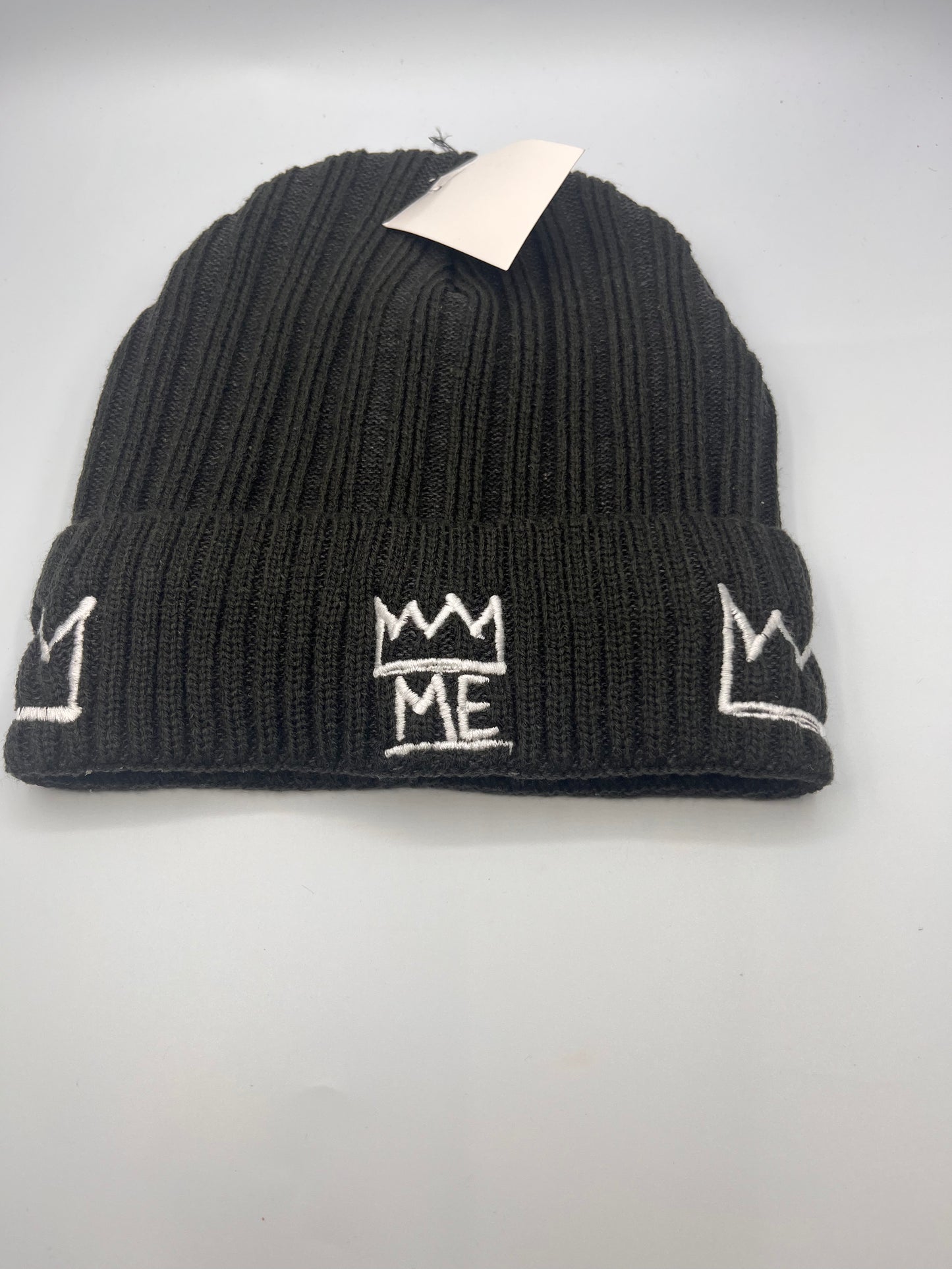 Black Knit Beanie & Neck Warmer/Mask Set with White Krown