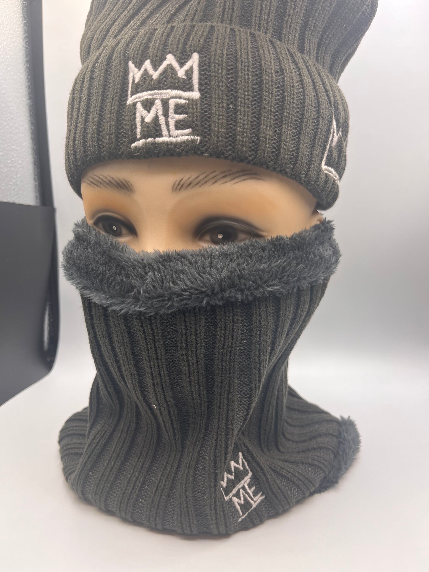 Gray Knit Beanie & Neck Warmer/Mask Set with White Krown