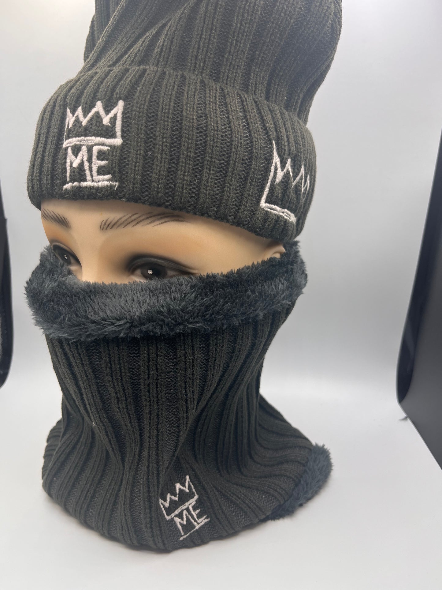 Gray Knit Beanie & Neck Warmer/Mask Set with White Krown