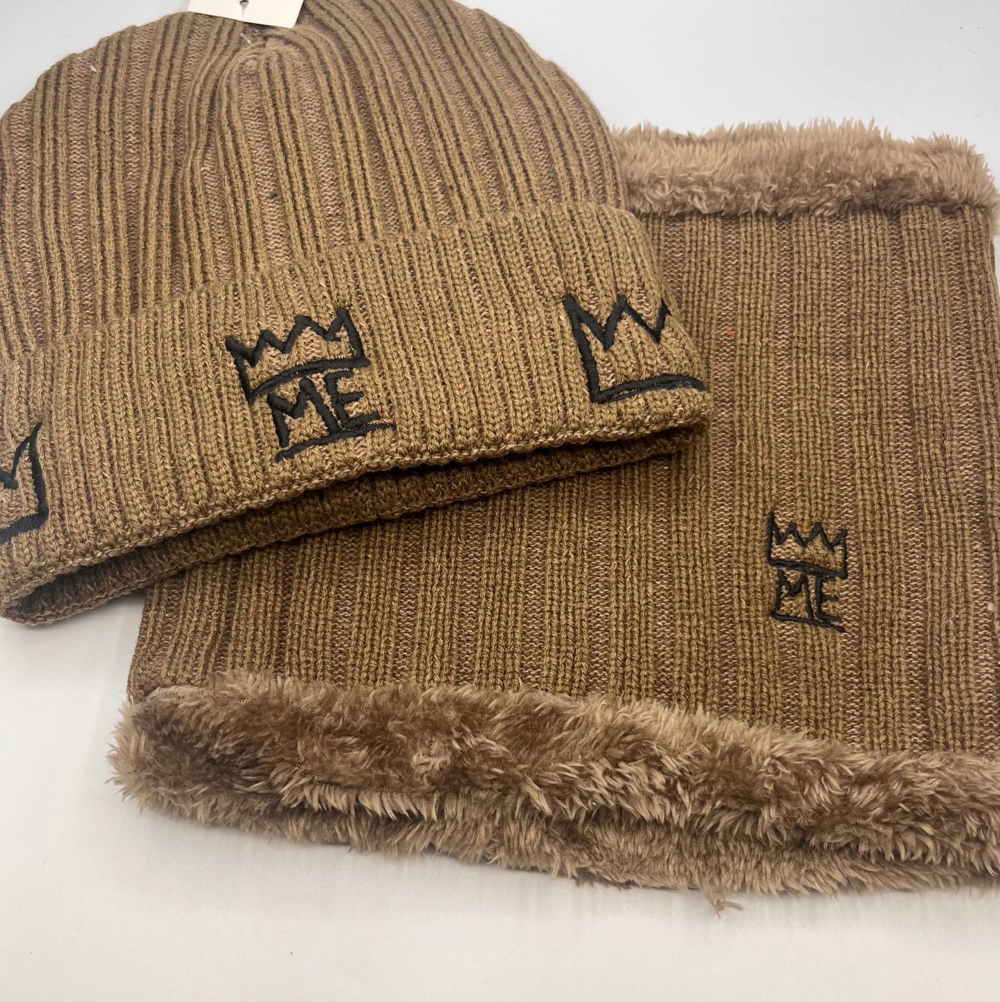 Tan Knit Beanie & Neck Warmer/Mask Set with black Krown