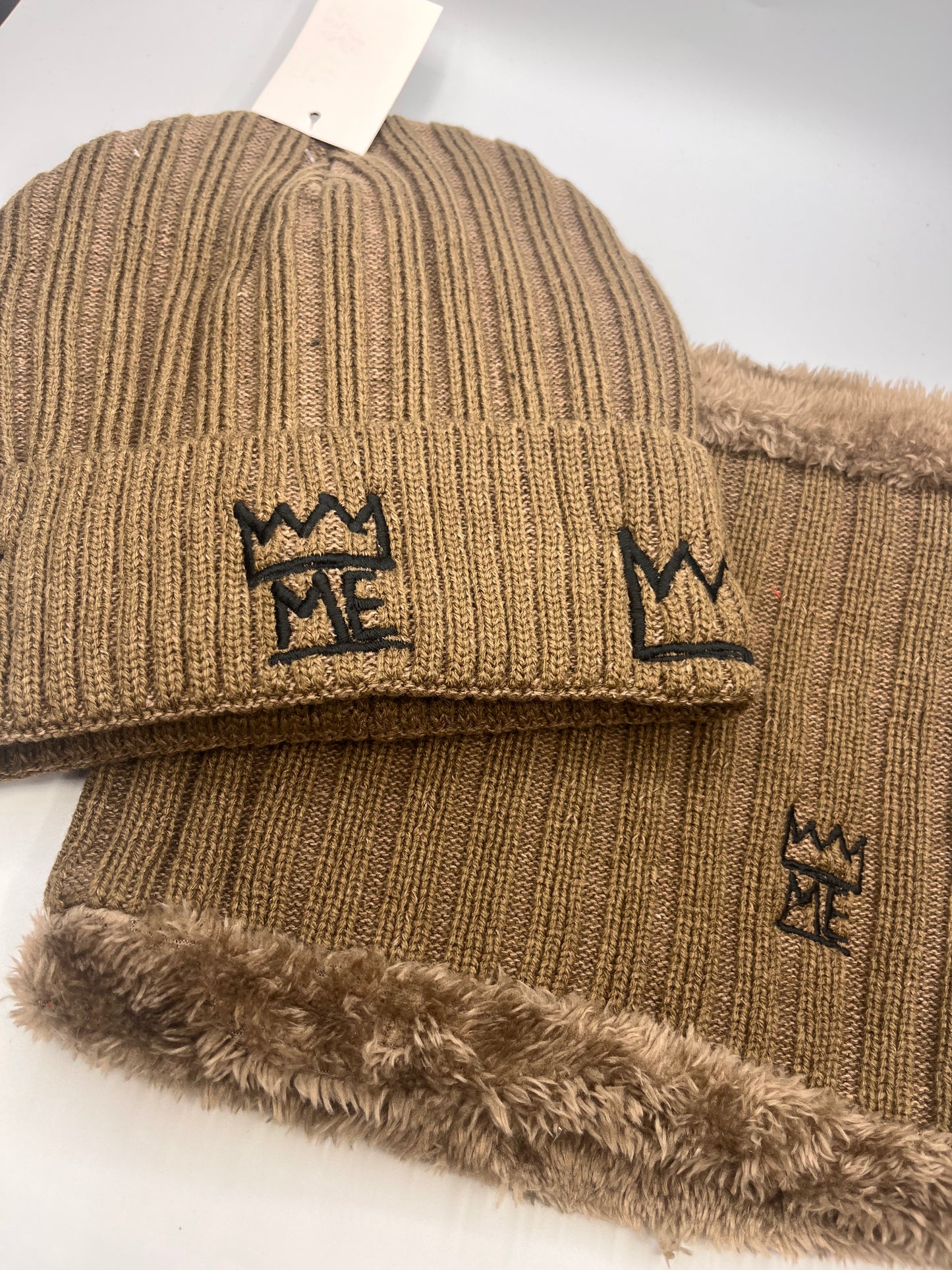 Tan Knit Beanie & Neck Warmer/Mask Set with black Krown
