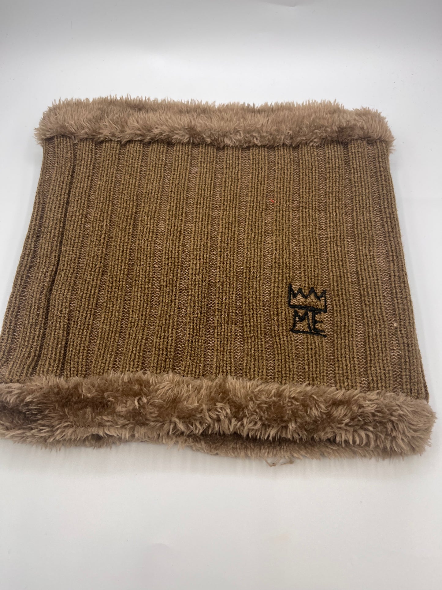 Tan Knit Beanie & Neck Warmer/Mask Set with black Krown