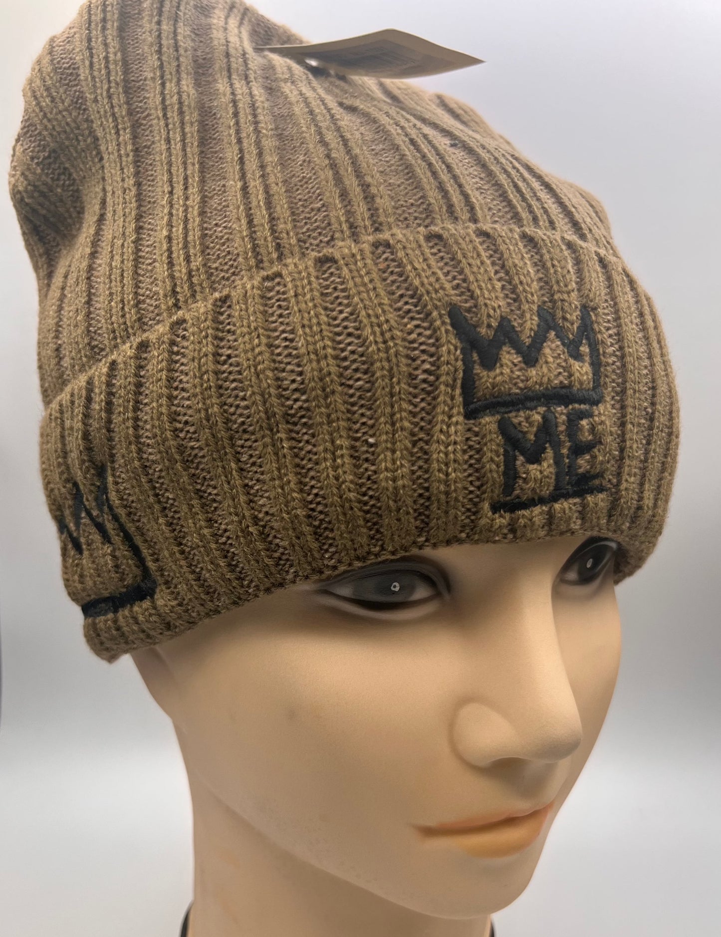 Tan Knit Beanie & Neck Warmer/Mask Set with black Krown