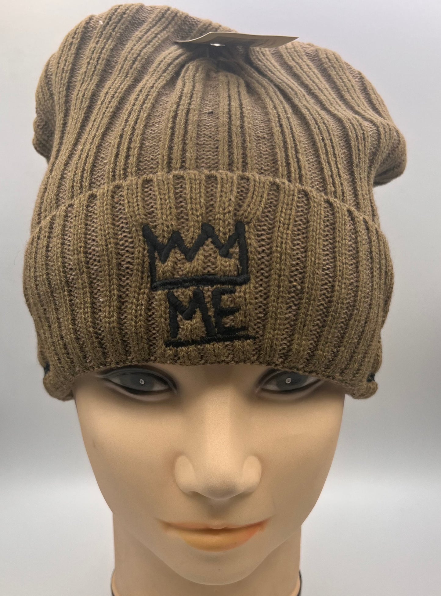 Tan Knit Beanie & Neck Warmer/Mask Set with black Krown