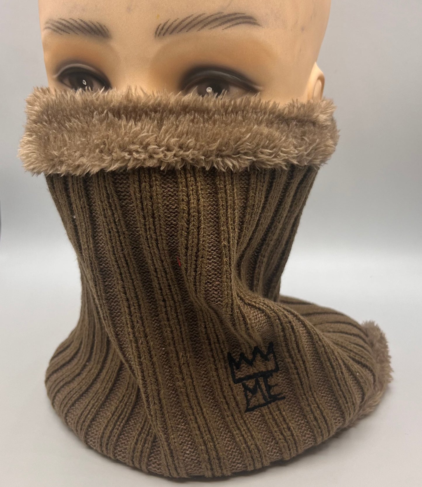 Tan Knit Beanie & Neck Warmer/Mask Set with black Krown