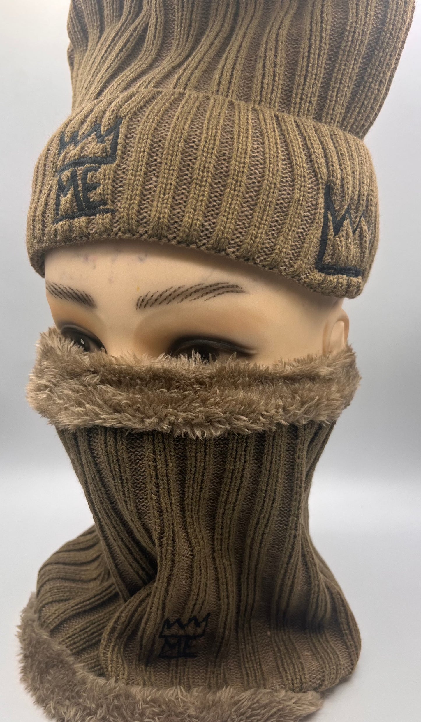 Tan Knit Beanie & Neck Warmer/Mask Set with black Krown