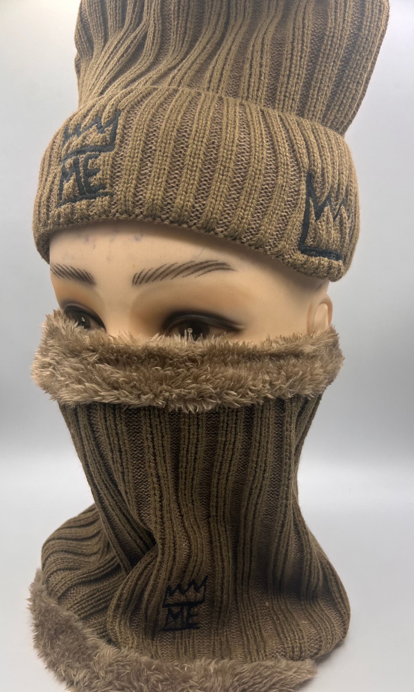 Tan Knit Beanie & Neck Warmer/Mask Set with black Krown