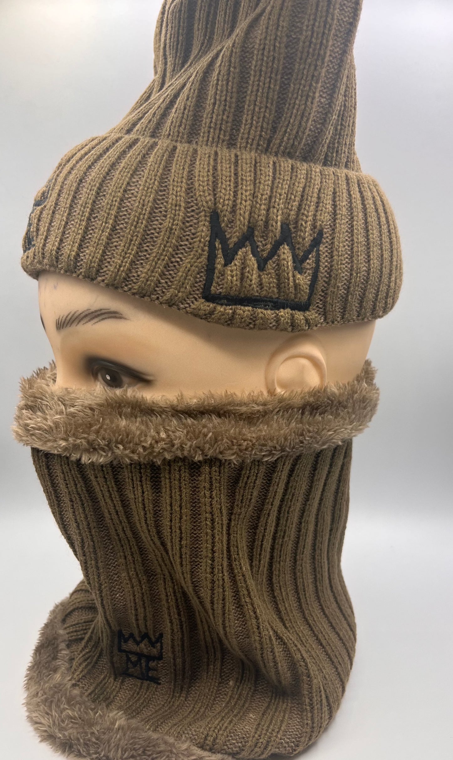 Tan Knit Beanie & Neck Warmer/Mask Set with black Krown