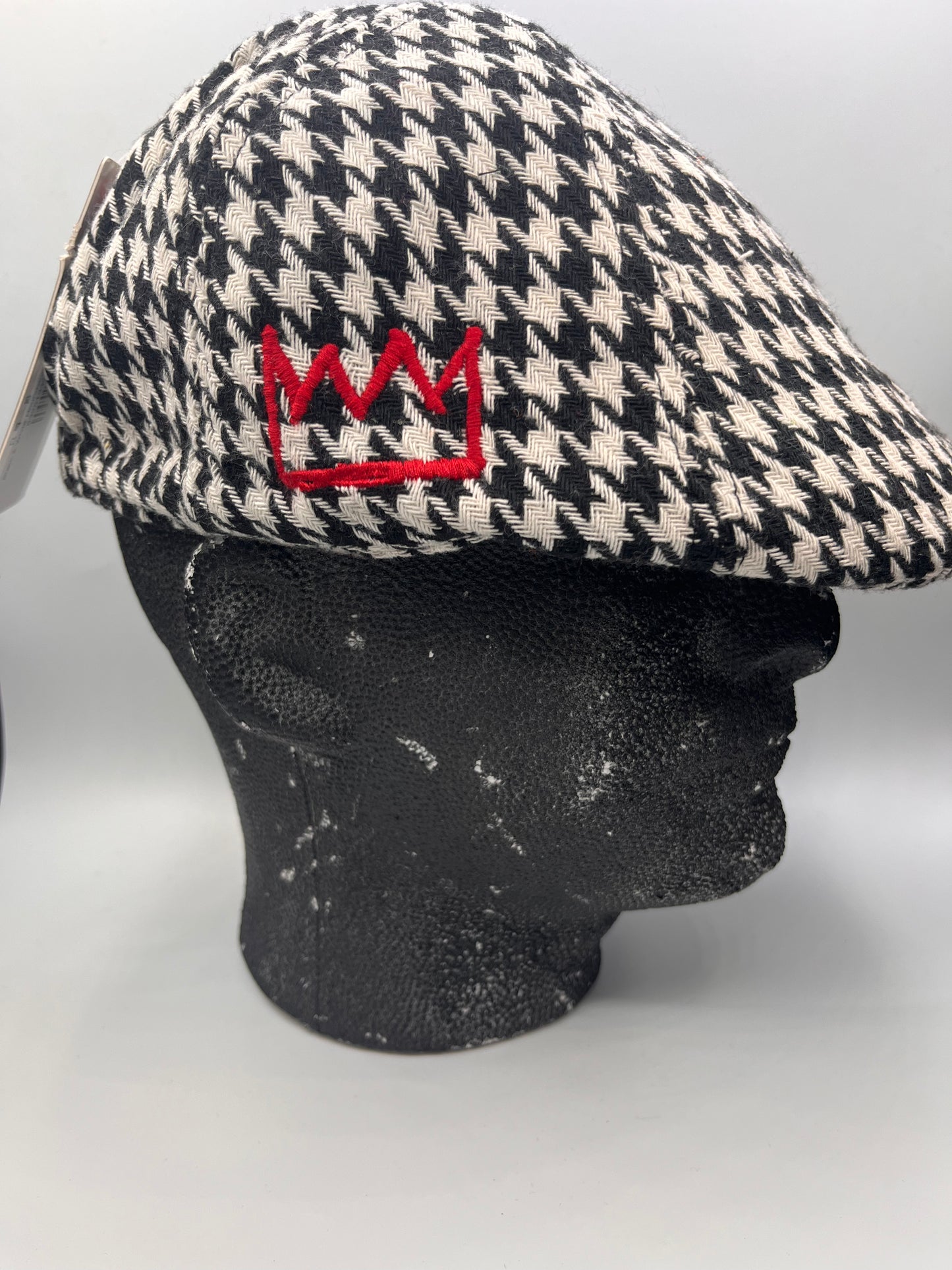 Black & White Houndstooth Beret Hat with Red Krown