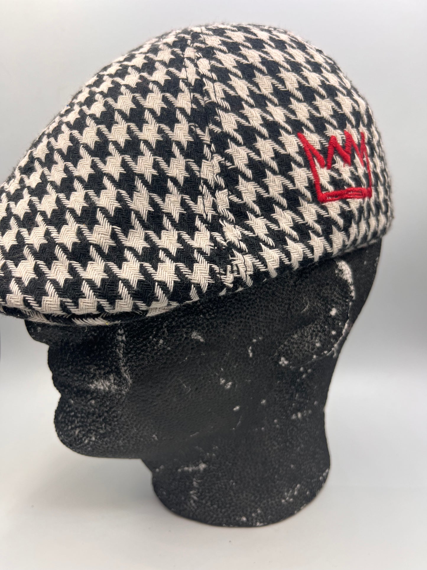 Black & White Houndstooth Beret Hat with Red Krown