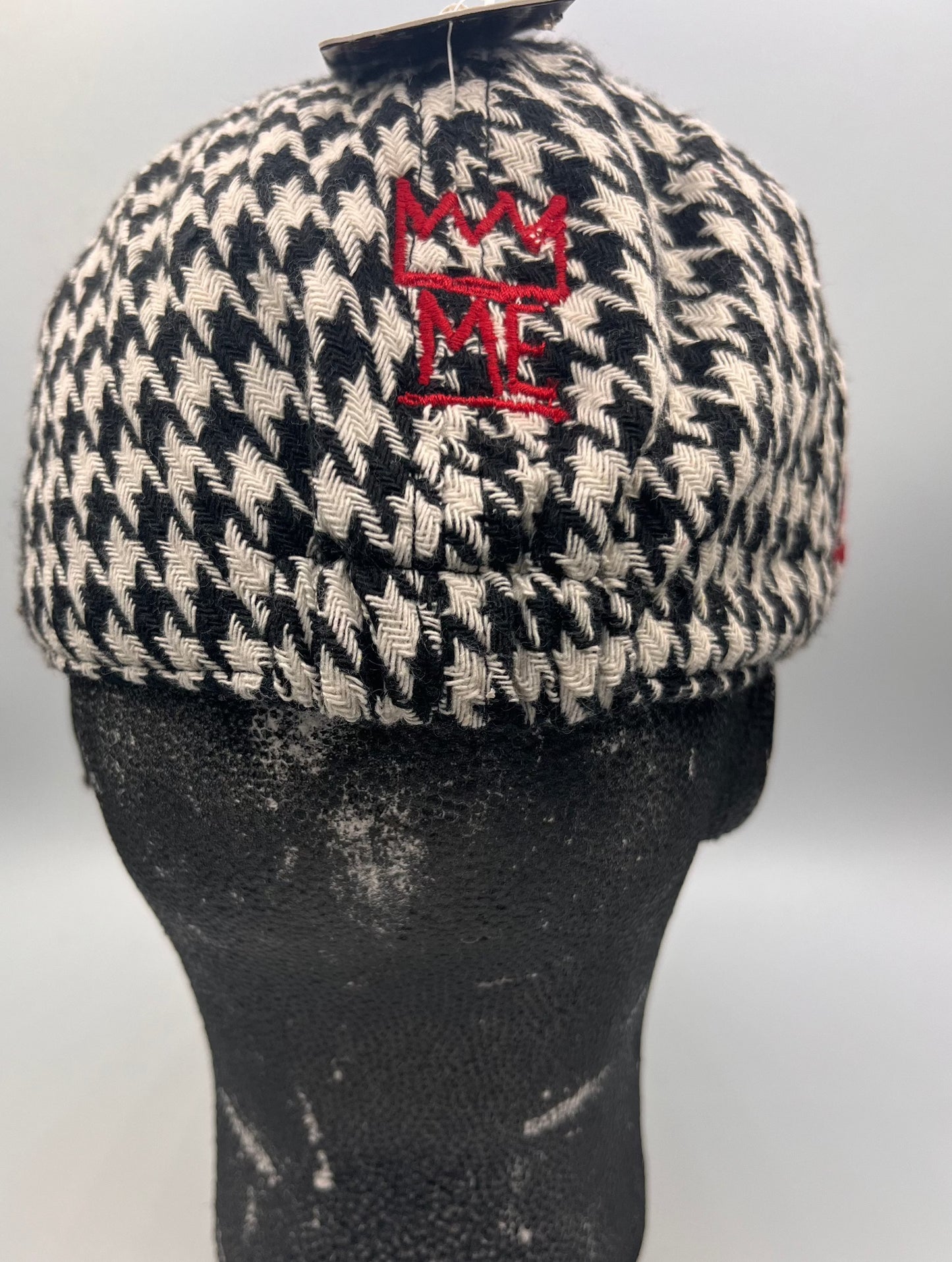 Black & White Houndstooth Beret Hat with Red Krown