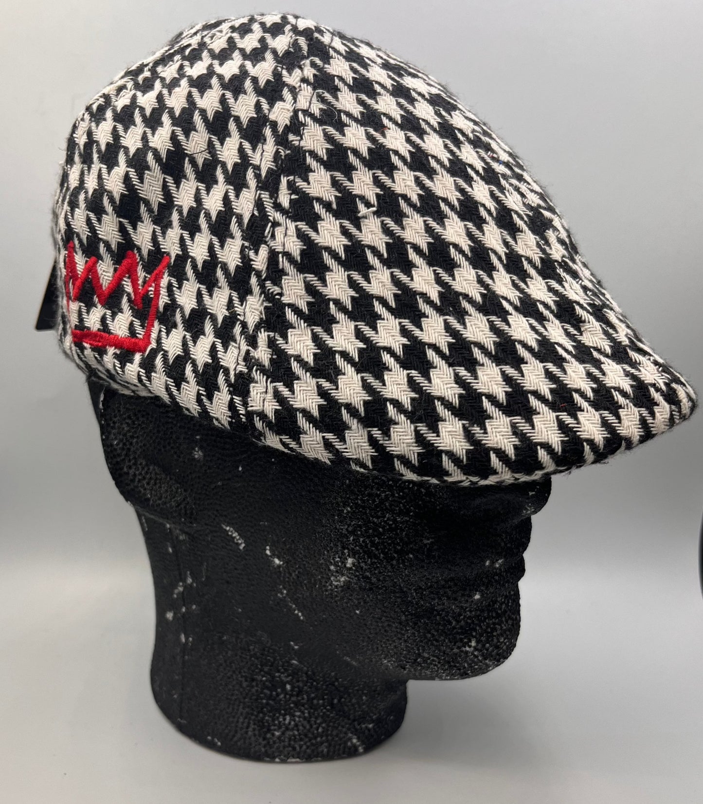Black & White Houndstooth Beret Hat with Red Krown
