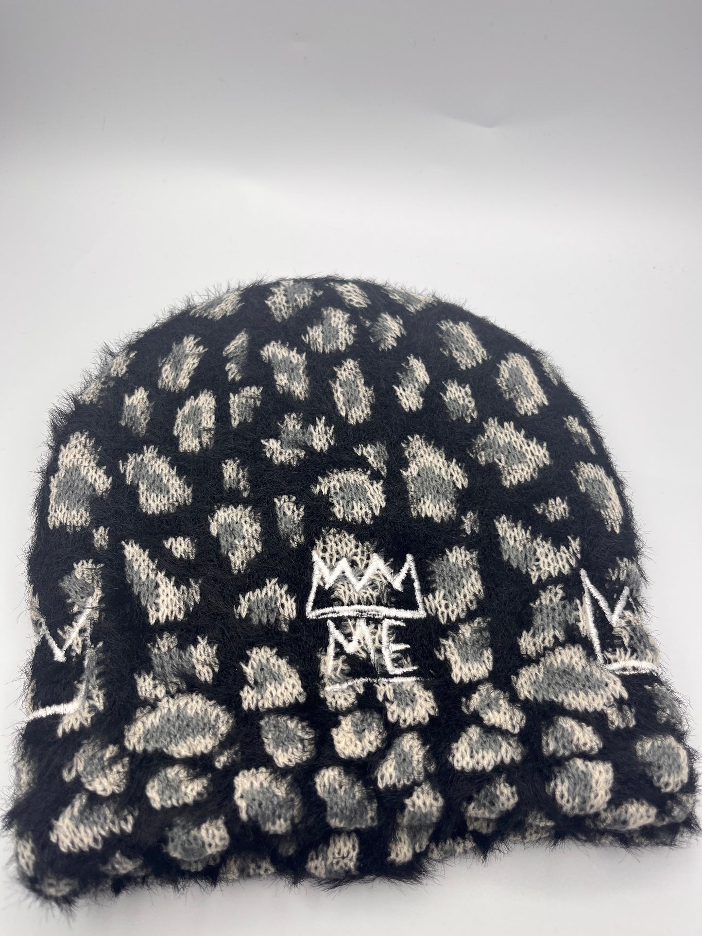 Black & Gray Furry Cheetah Print Beanie with White Krown