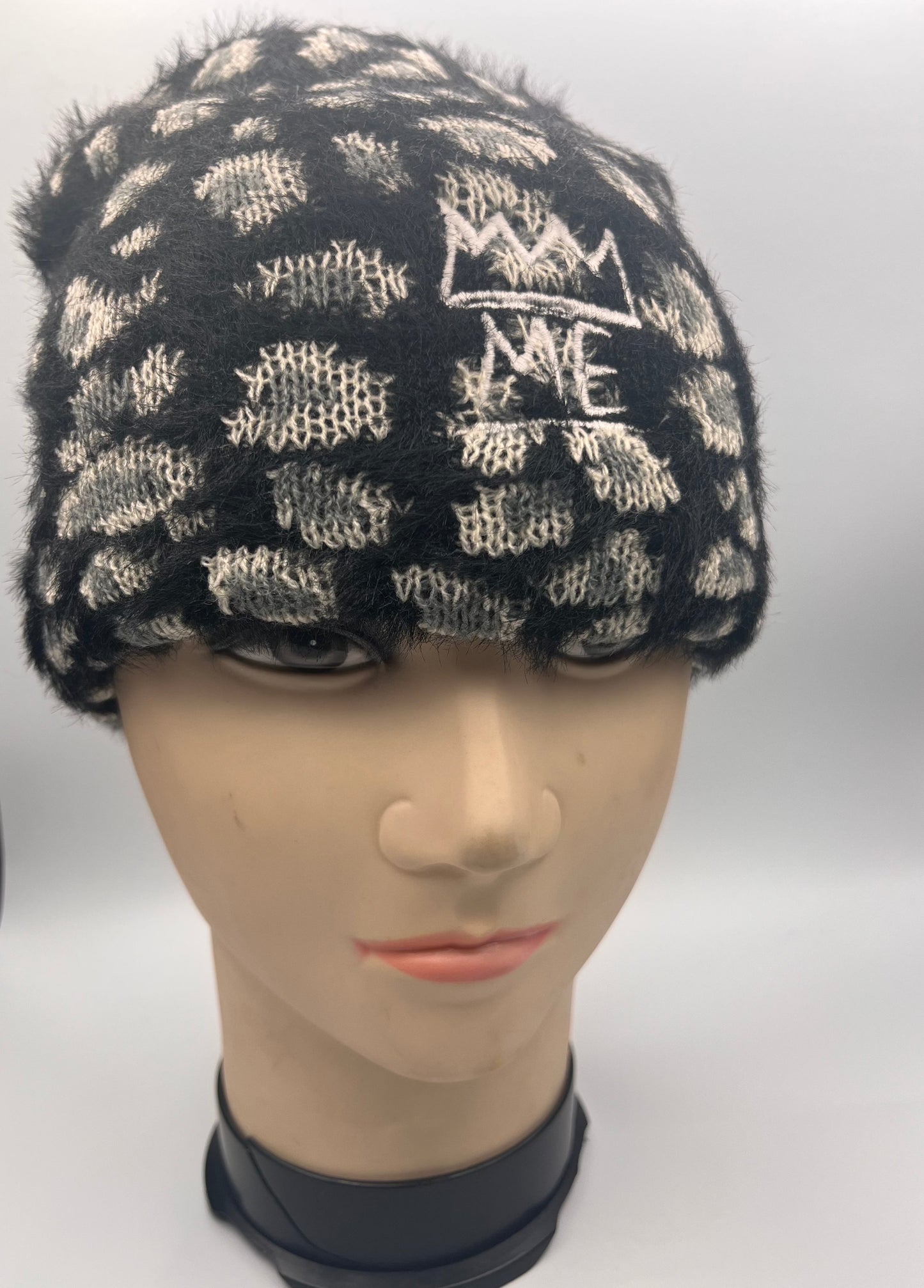 Black & Gray Furry Cheetah Print Beanie with White Krown