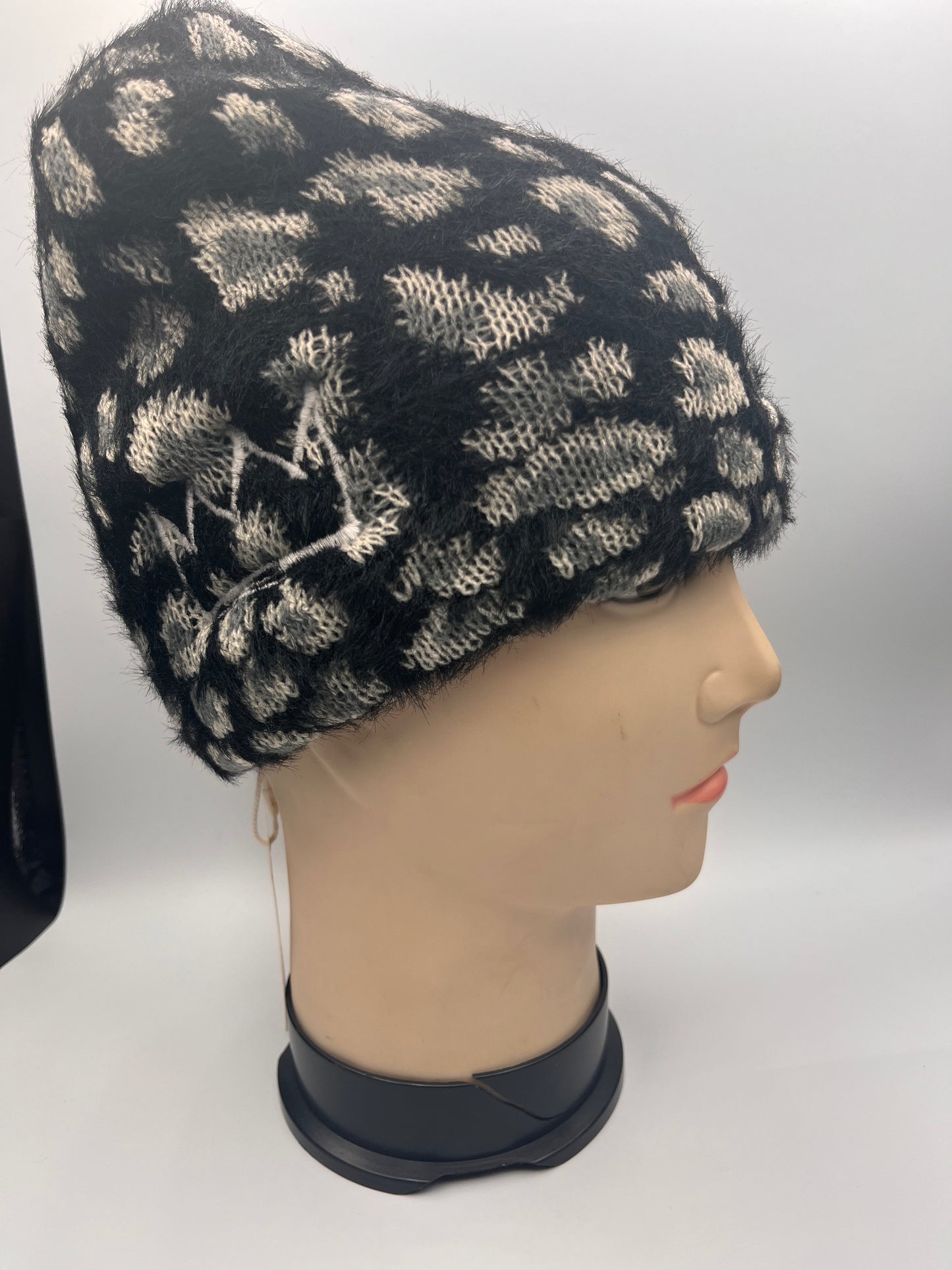 Black & Gray Furry Cheetah Print Beanie with White Krown