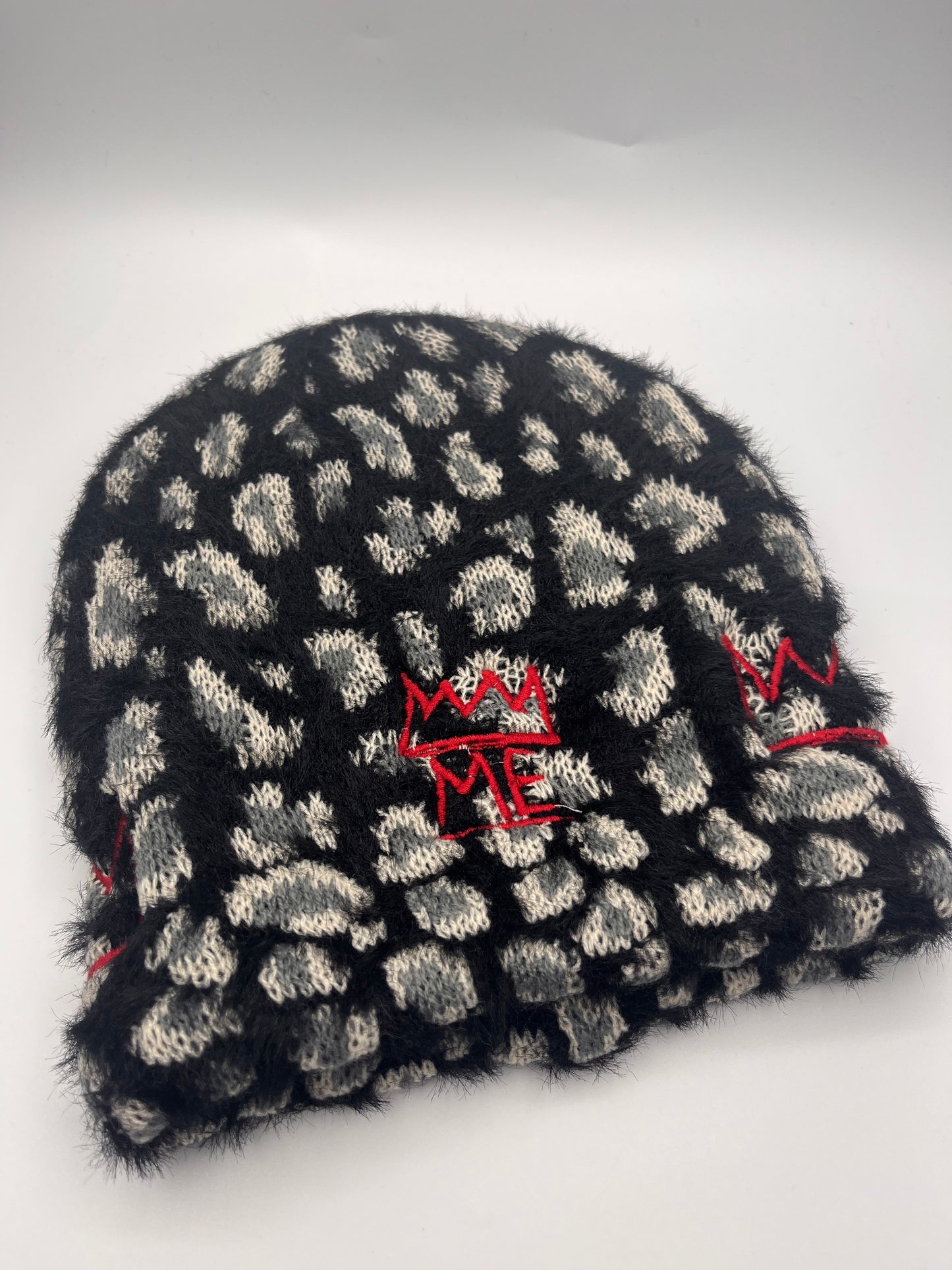 Black & Gray Furry Cheetah Print Beanie with Red Krown
