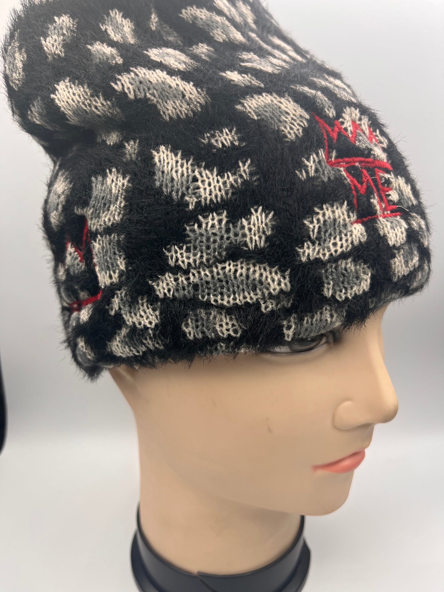 Black & Gray Furry Cheetah Print Beanie with Red Krown