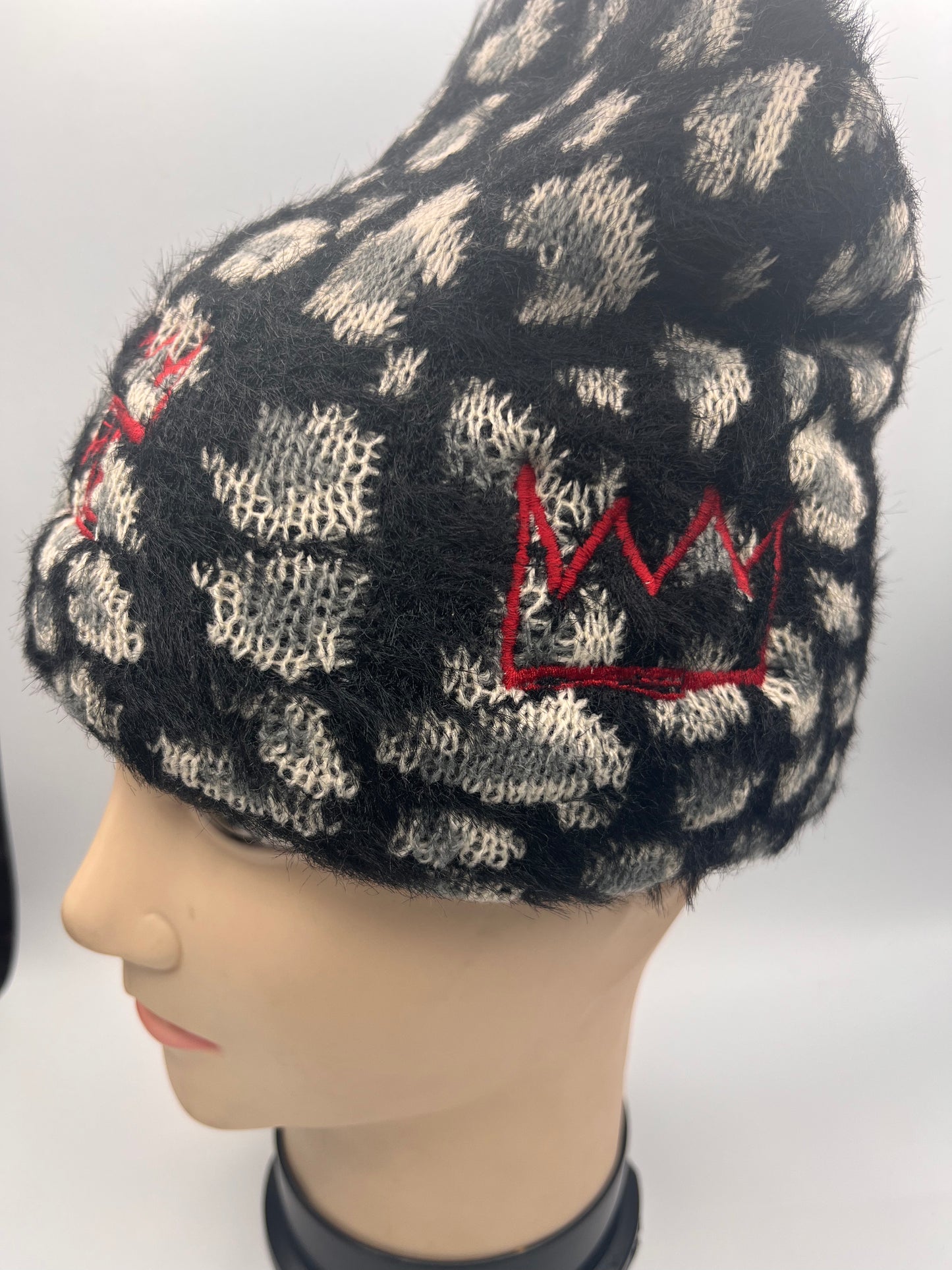 Black & Gray Furry Cheetah Print Beanie with Red Krown