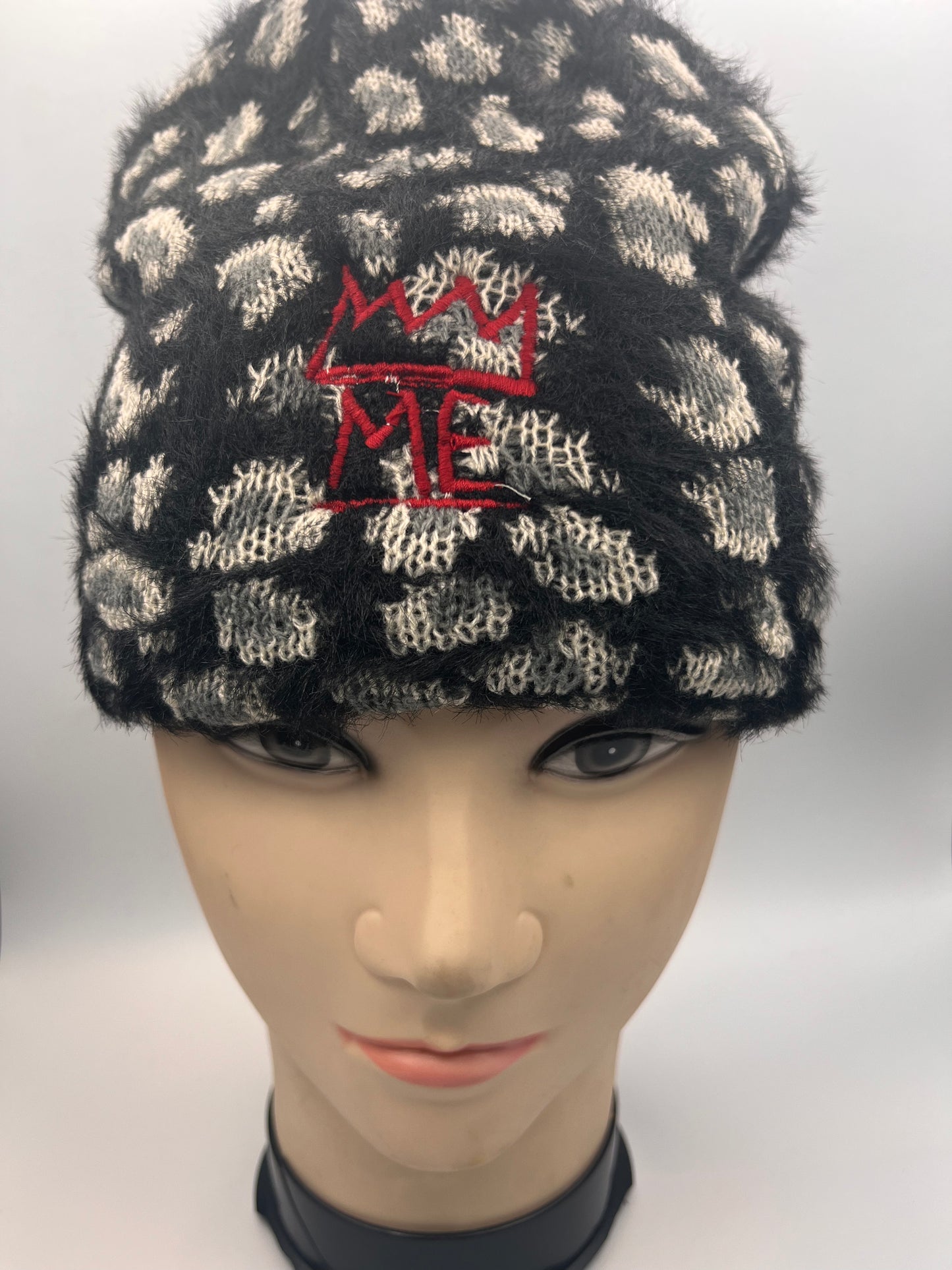 Black & Gray Furry Cheetah Print Beanie with Red Krown