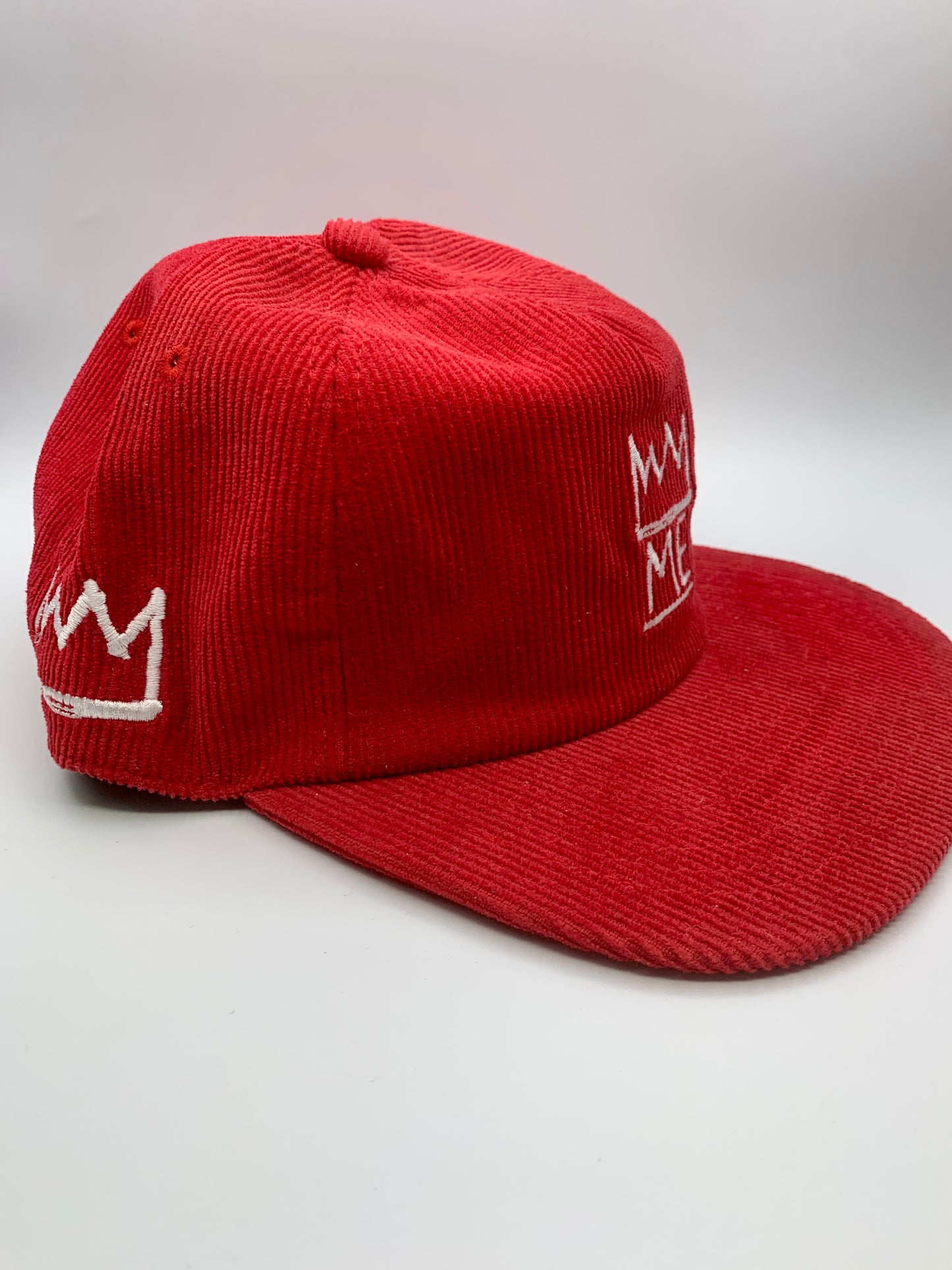 Red Corduroy Flat Brim Hat with White Krown