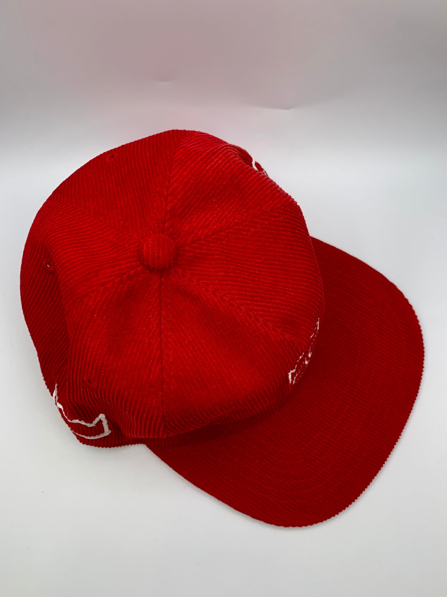 Red Corduroy Flat Brim Hat with White Krown