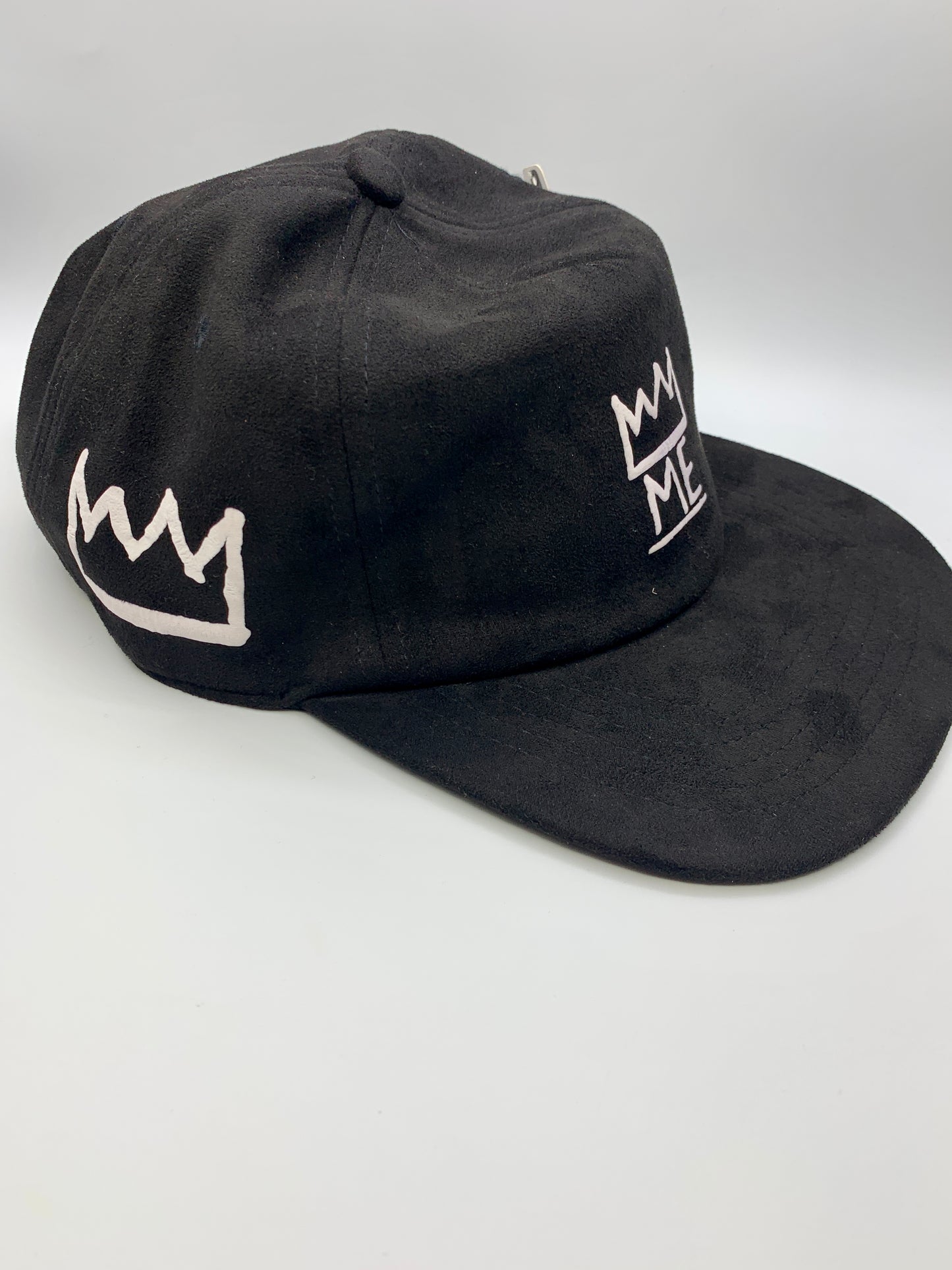 Black Soft Suede Flat Brim Hat with White Krown
