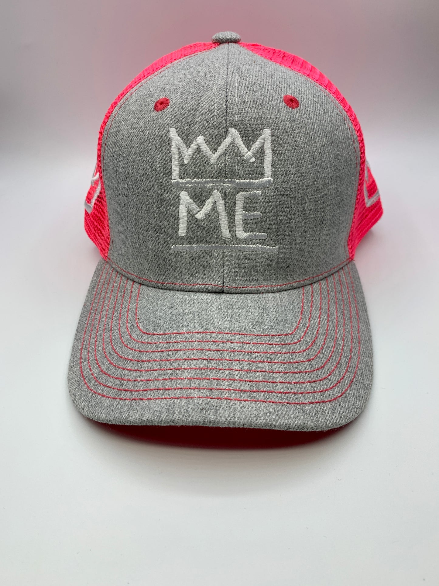 Gray & Pink Netted Dad Hat with White Krown