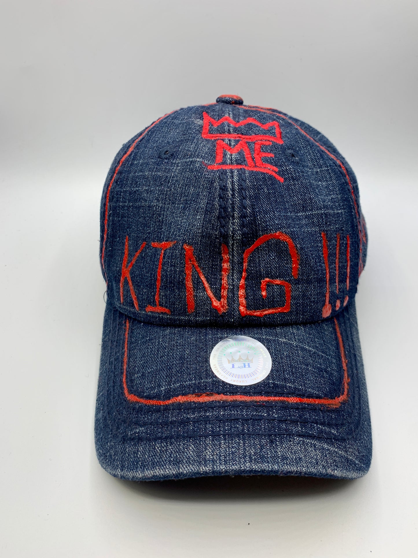 Denim & Red Hand-Painted Dad Hat with Red Krown