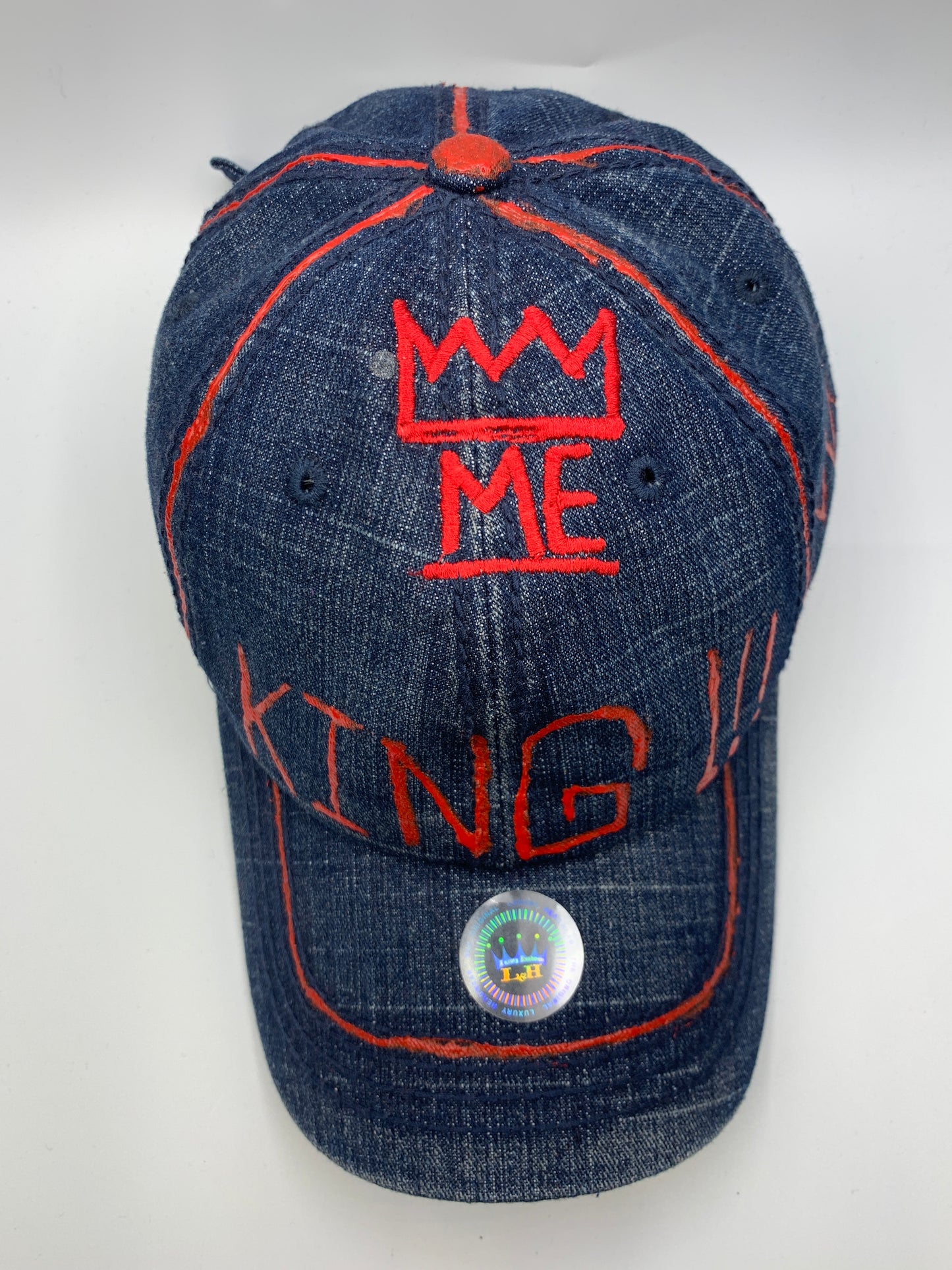 Denim & Red Hand-Painted Dad Hat with Red Krown