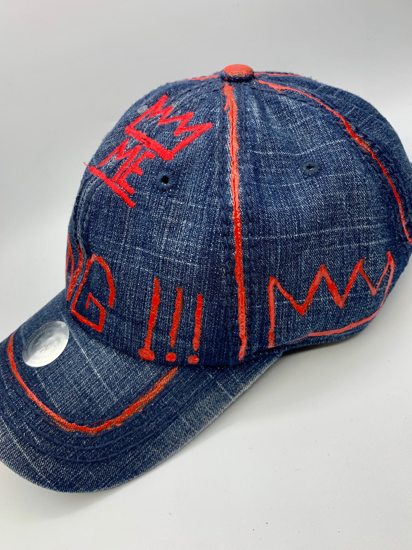 Denim & Red Hand-Painted Dad Hat with Red Krown