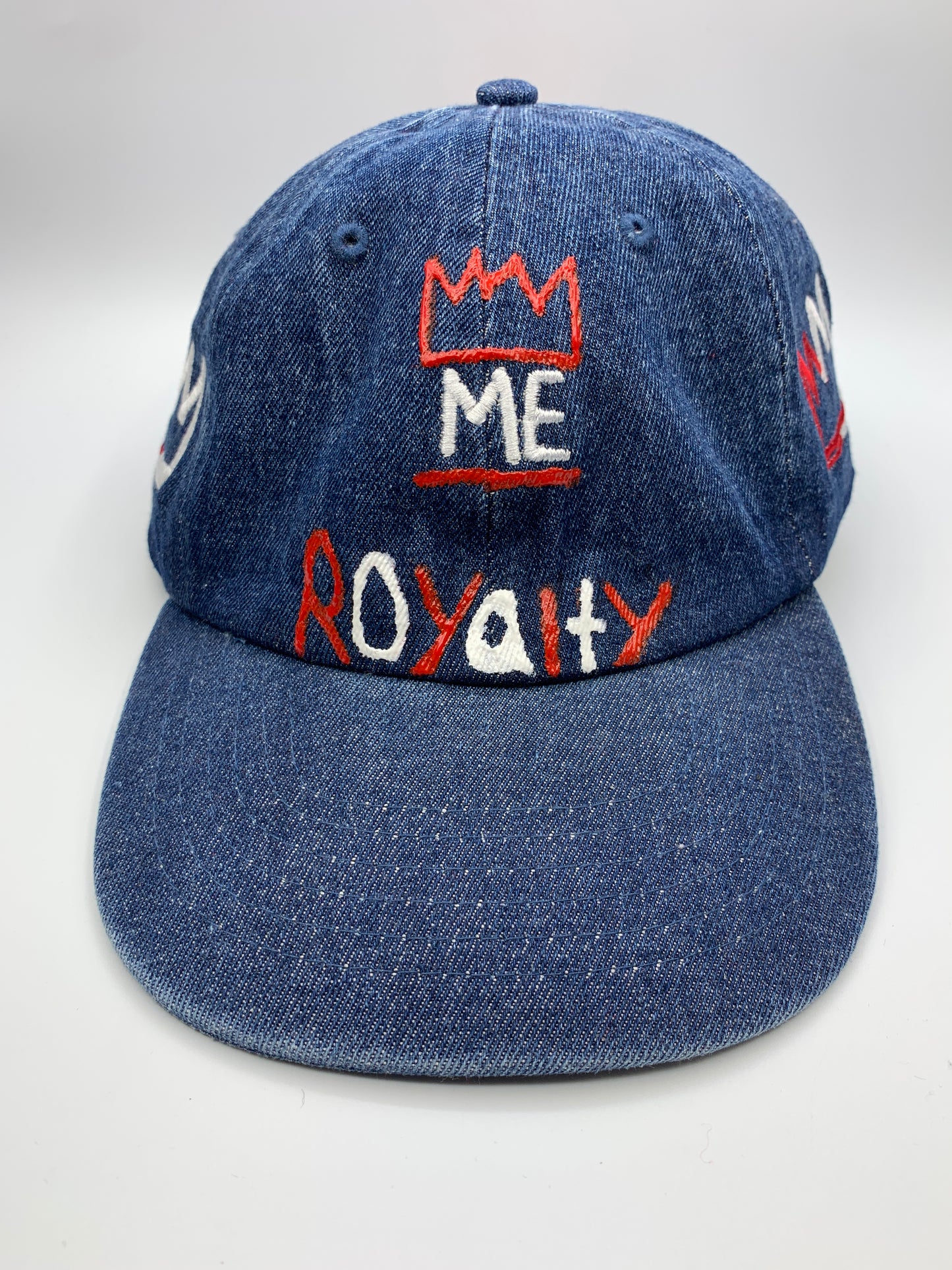 Denim, Red & White Hand-Painted Dad Hat with Red & White Krown