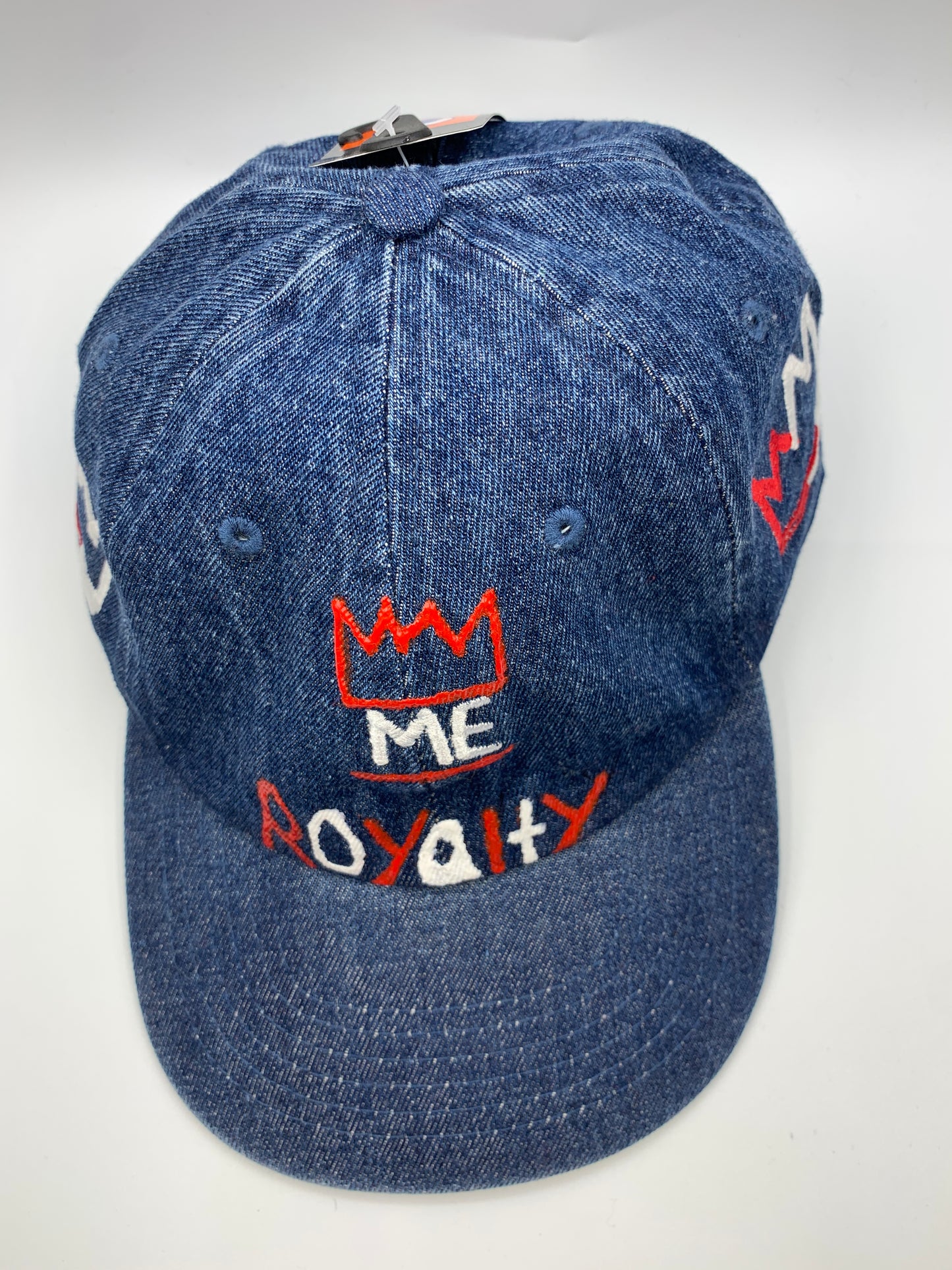 Denim, Red & White Hand-Painted Dad Hat with Red & White Krown