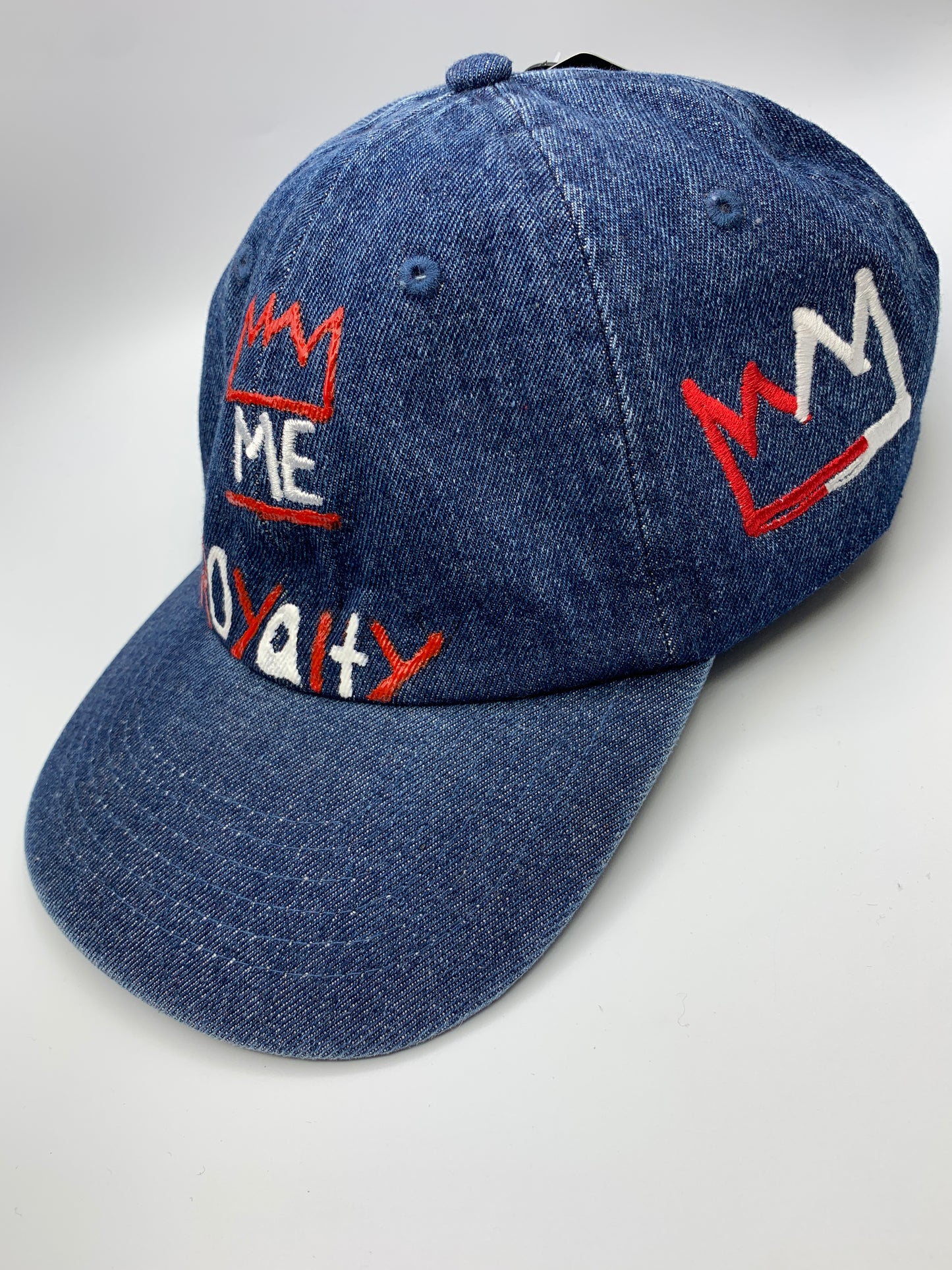 Denim, Red & White Hand-Painted Dad Hat with Red & White Krown