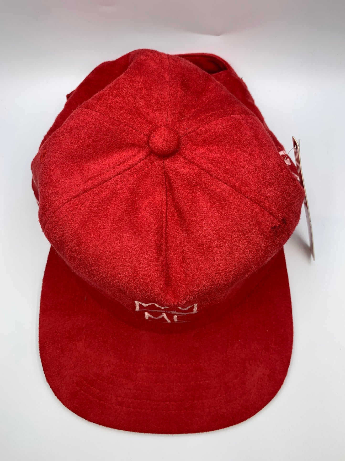 Red Soft Suede Flat Brim Hat with White Krown
